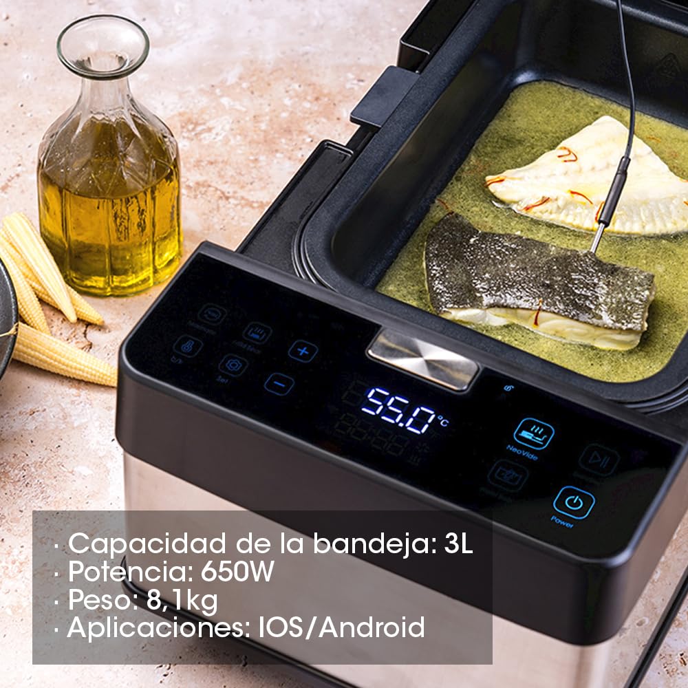 The Space Máquina para Cocinar al Vacío sin Bolsas | Neovide NSV100 Sella, Cocina Sous Vide y Marina todo en 1 con App de Control y Sonda Incorporada | Capacidad 3L, 46,7x26,3x20,8cm, 650W | Con sonda integrada, sabor preservado, forma y textura, ideal pa