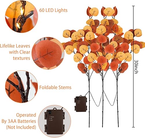 Miniatura 4 de Agusbagli Ramas de eucalipto de otoño iluminadas con 60 luces LED de 30 pulgadas con temporizador, tallos de hojas de eucalipto de otoño iluminadas