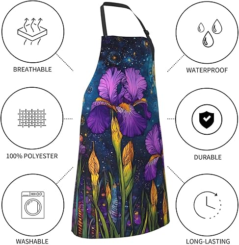 Miniatura 7 de Cosmic Purple Irises Print Kitchen Cooking Apron, Adjustable Waterproof Apron With Pockets, Unisex
