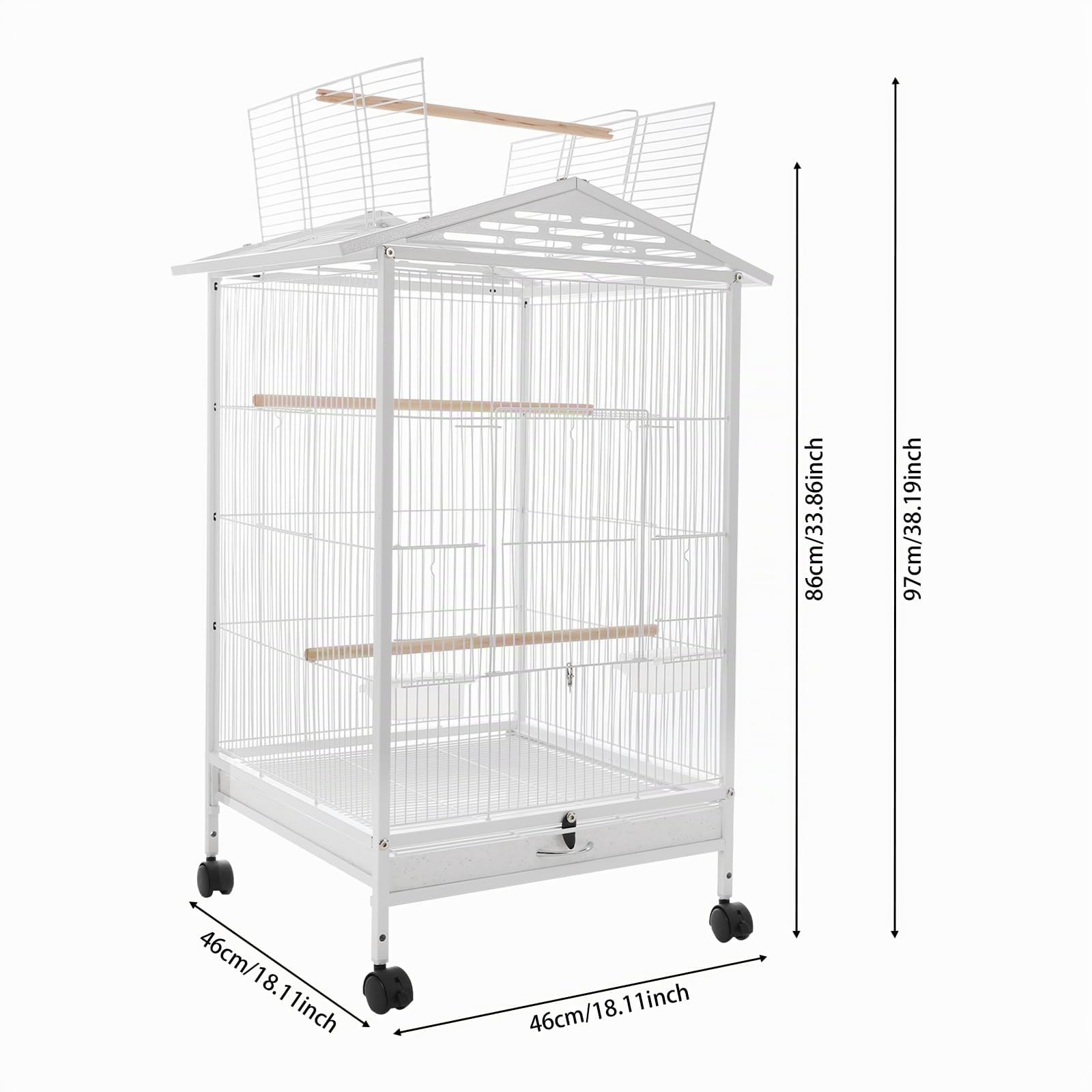 Jaula para pájaros, periquitos, 2 puertas, interior, pajarera de metal con ruedas de transporte, apertura hacia arriba, jaula con 3 perchas, comedero, bandeja, 46 x 46 x 86 cm (blanco)