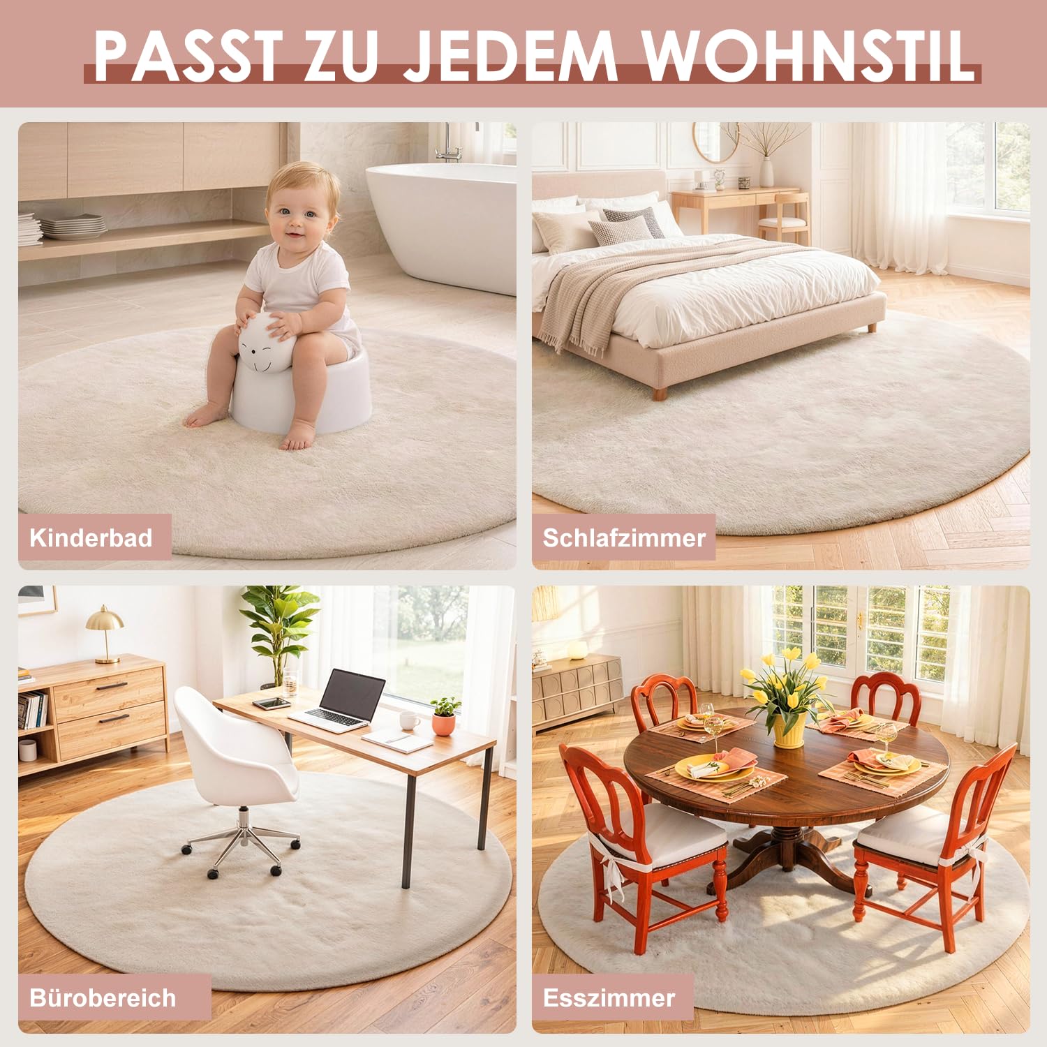 Teppich rund 90 cm Beige, Kunstfell, flauschig, waschbar | maschinenwaschbar, Kaninchenfell-Optik, ultraweicher Flor, rutschfeste Rückseite, OEKO-TEX, für Schlafzimmer und Wohnzimmer