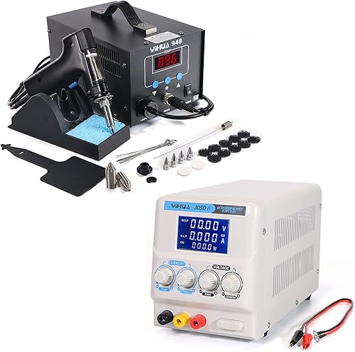 YIHUA Paquete de estación de desoldadura profesional 948 con fuente de alimentación de laboratorio CC regulada YIHUA 305D-IV con soporte, kit de