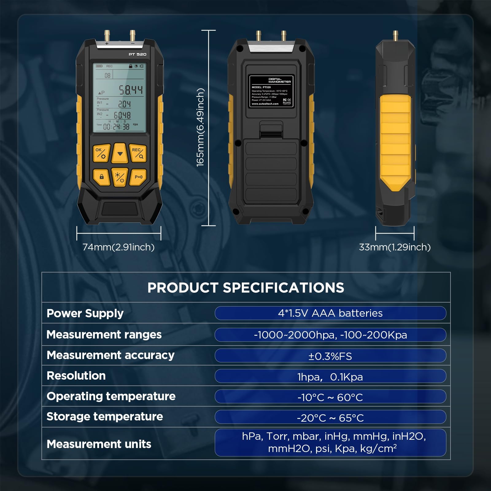 Manómetro digital PT520 Manómetro de presión de aire -100-200 KPa Resolución 0,1 Presión de aire 10 unidades Manómetro digital HVAC de doble puerto Probador de presión de gas