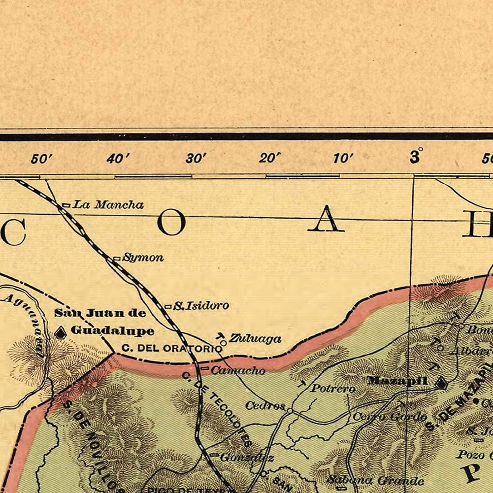 Antiguos Maps Estado Libre y Soberano de Zacatecas from Atlas Mexicano circa 1884 | Art Print Poster Vintage Wall Decor | 24 x 24 inches (610 mm x 610 mm)