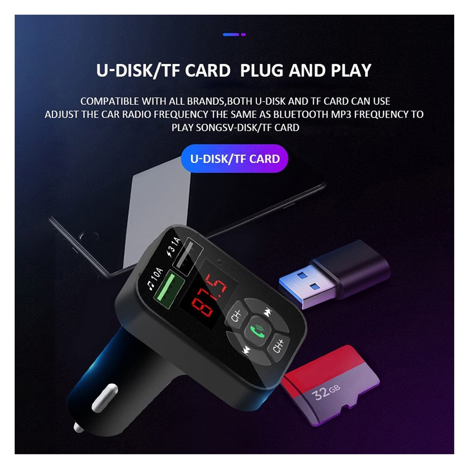 Adattatore Audio Bluetooth. 2pcs Bluetooth 5.0. FM. Trasmettitore U Disco Musicale Play Car MP3 Player Accessory Dual USB Caricabatterie for Cellulare FM. Ricevitore Audio Radio