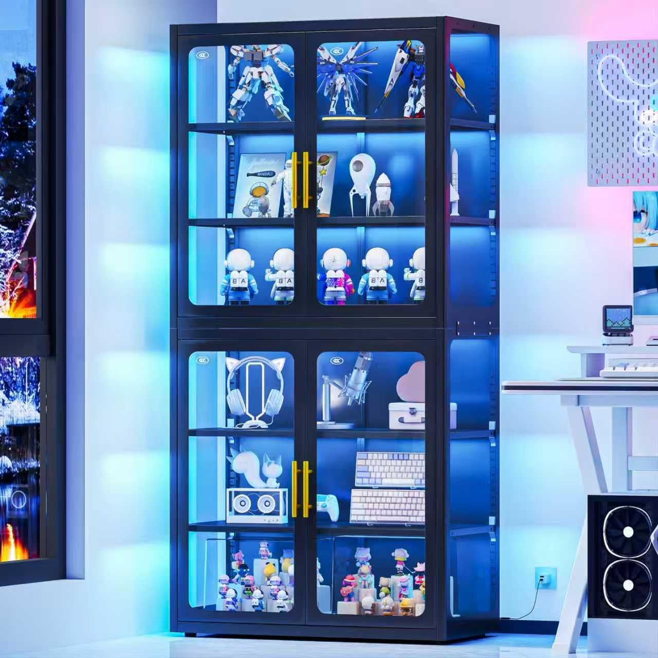 67" Display Cabinet with Glass Doors, 4-Tier Curio Cabinet with Many Color Lights for Collectibles, Glass Display Case, Bookcase with 4 Shelves, Storage Cabinets, Black