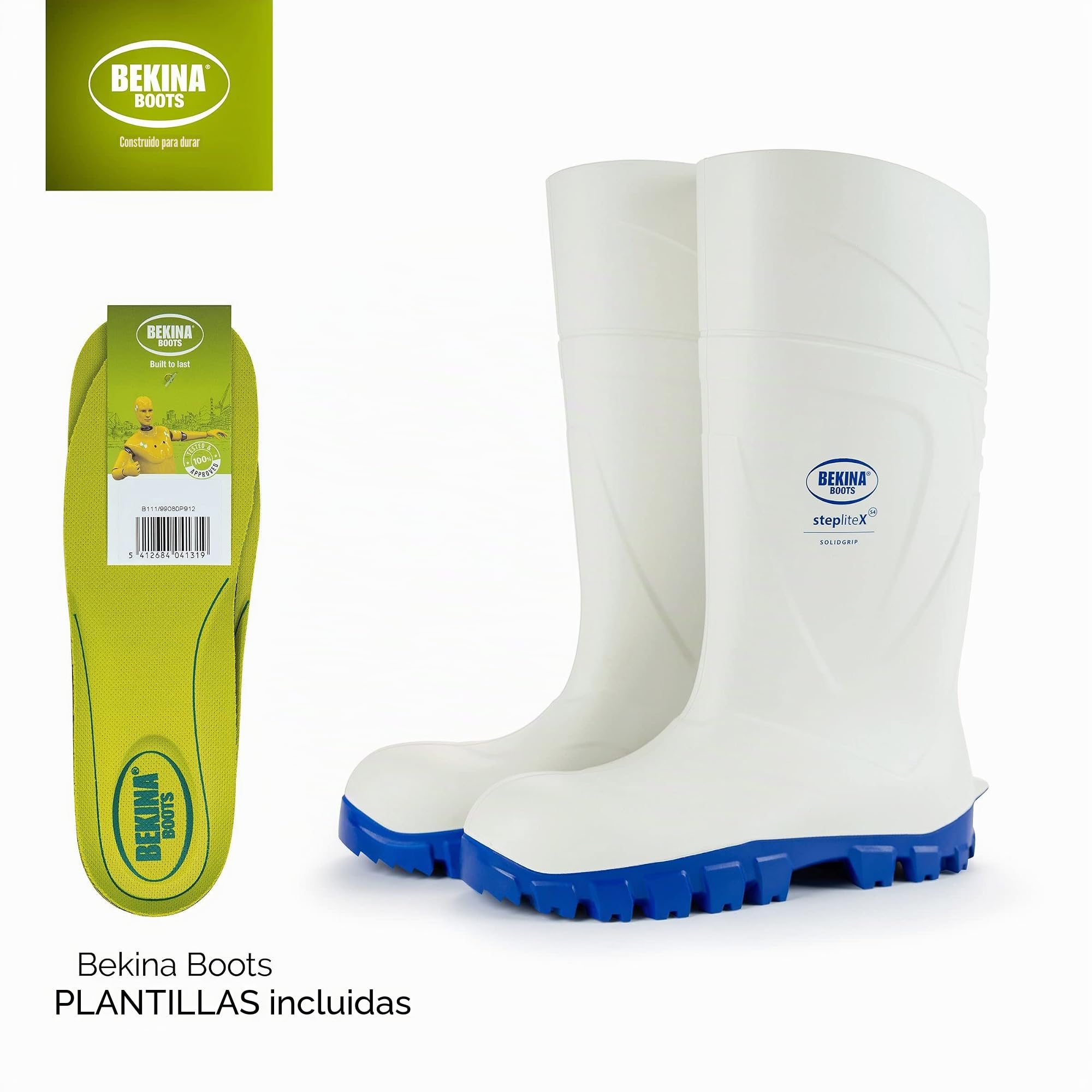 Botas de Goma de Seguridad de Calidad con Puntera de Acero desarrolladas para la Industria alimentaria, de fácil Limpieza y desinfección, Incl. Plantilla para pies Secos, Blanco, EU 38