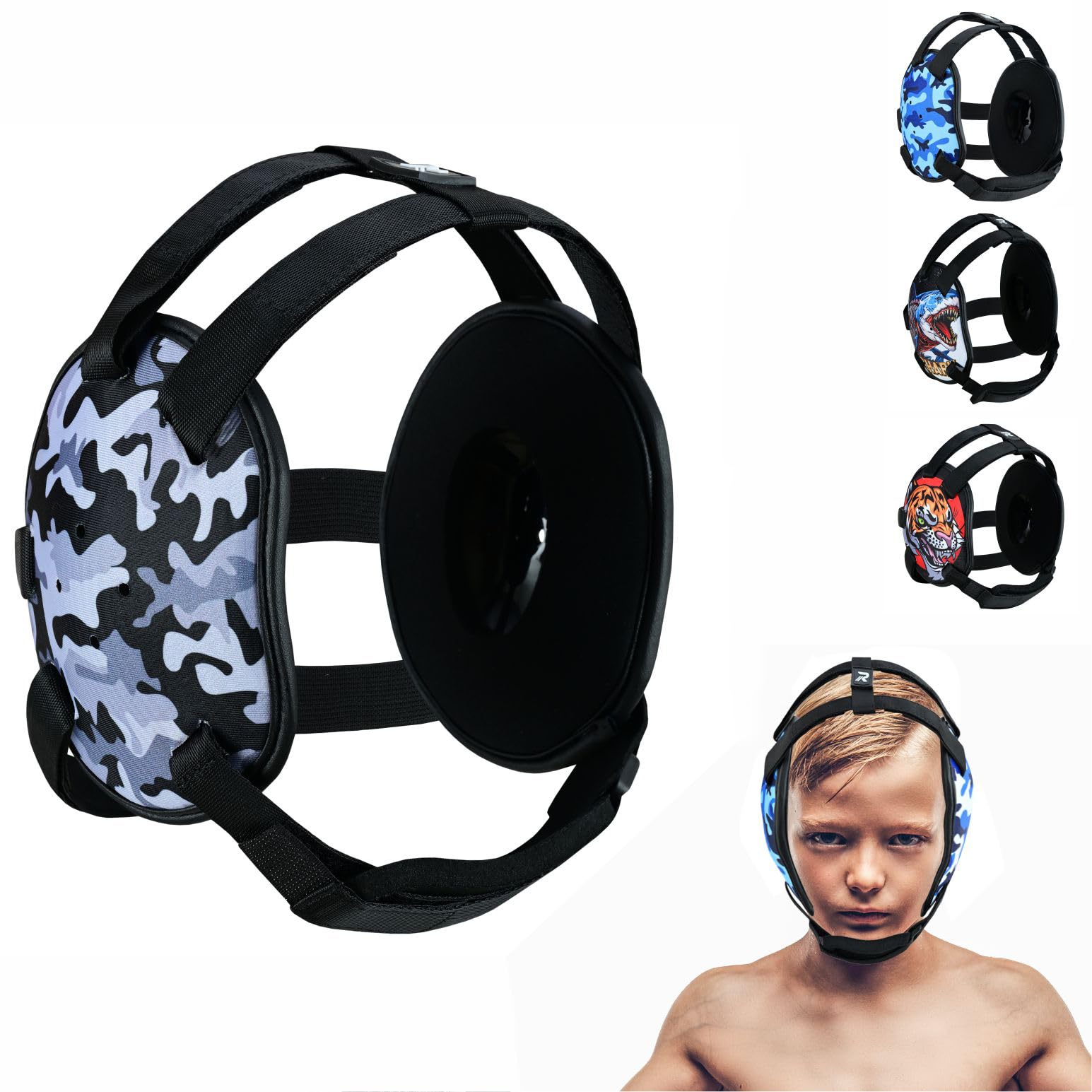 ROAR-INT Kid's Ear Guard BJJ Grappling Head Guard Adjustable Wrestling Headgear For Boys and Girls Earguard MMA Jiu Jitsu (Grey-Camo)