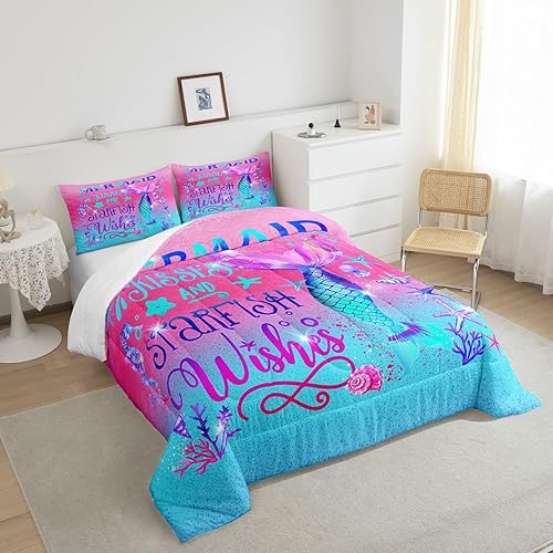 Miniatura 4 de Juego de edredón de sirena tamaño matrimonial, juego de ropa de cama de escamas de peces de dibujos animados para niños, niñas y mujeres, juego de