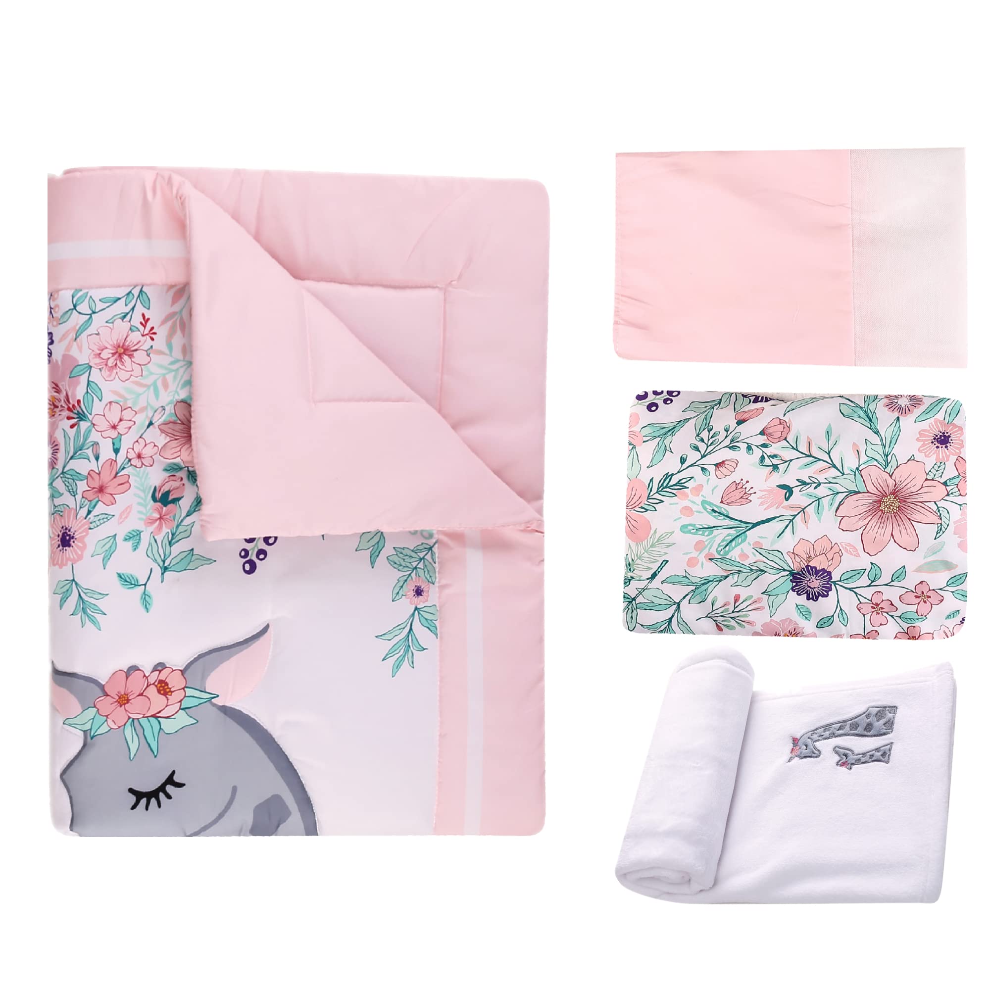 JumpBear Juego de ropa de cama de cuna para niñas y niñas, juego de cama de jirafa, diseño floral, para bebé, 4 piezas, incluye edredón de cuna, sábana bajera ajustable, manta de falda de cuna,