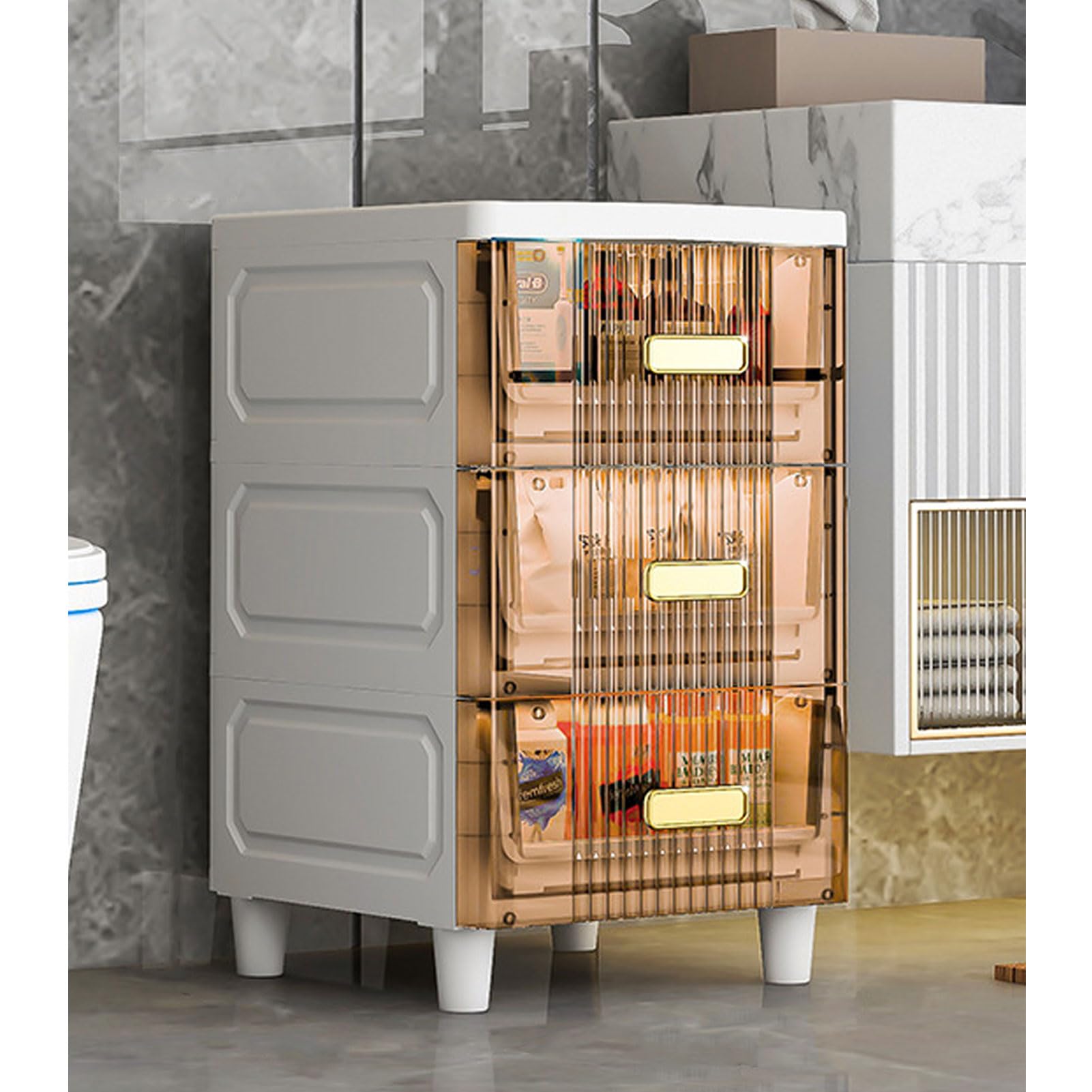 3 Tier Bathroom Cabinet Shelf,Waterproof Design Floor Cabinet, Standing Storage Cabinet with Slide Out Clear Drawers,Large Capacity Organizer for Bedroom, Bathroom,Kitchen(Brown)
