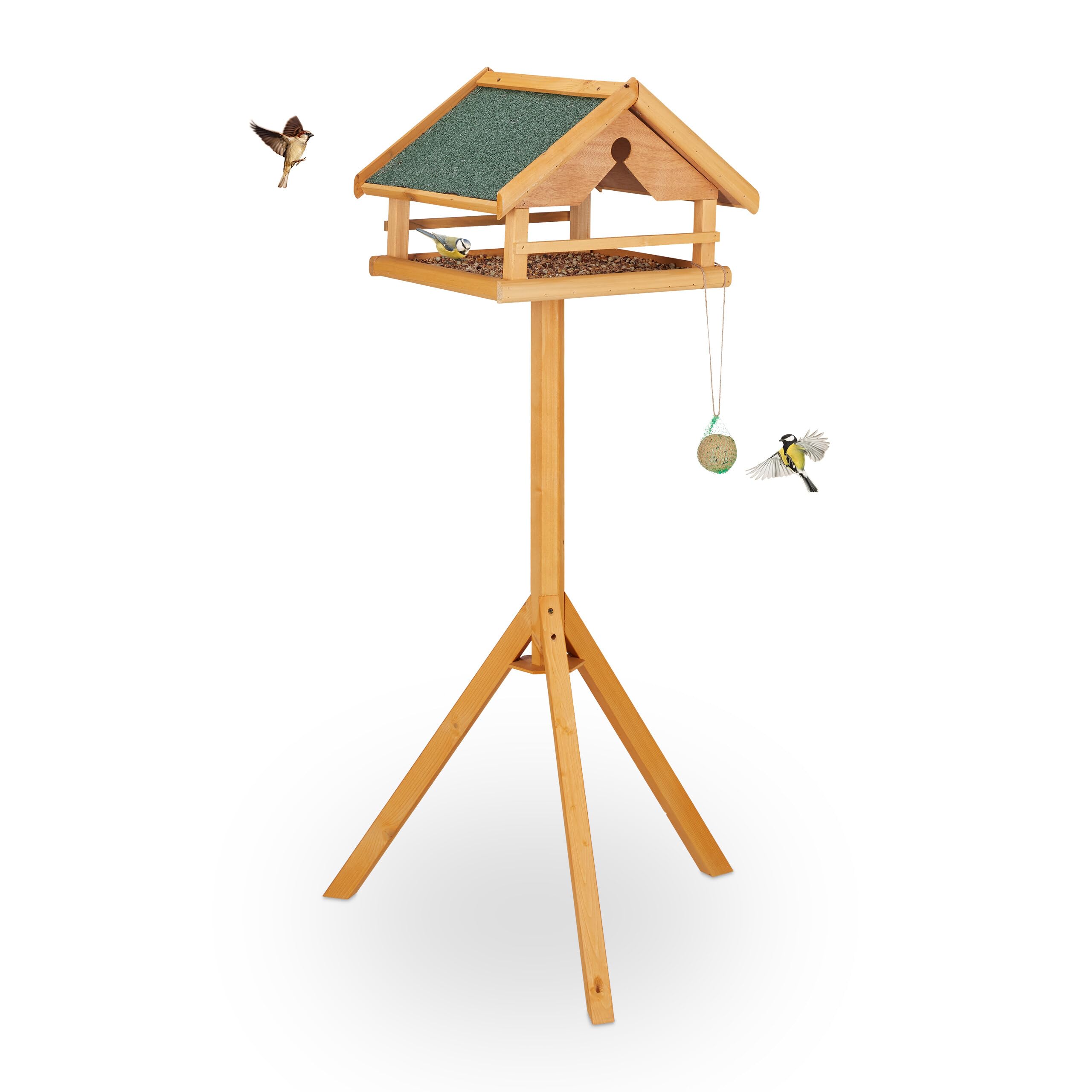 Relaxdays Casetta per Uccelli con Supporto, Tetto in Asfalto Resistente, Giardino, mangiatoia, Legno di Abete, Arancione