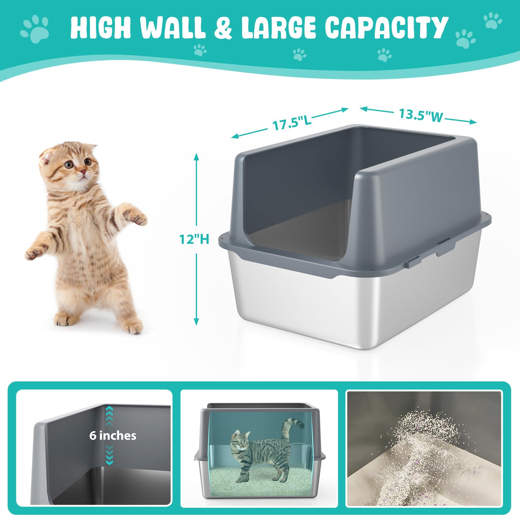 Bac à litière avec couvercle en acier inoxydable pour chat - 30,5 cm - Petit bac à litière en métal pour chatons - Gris