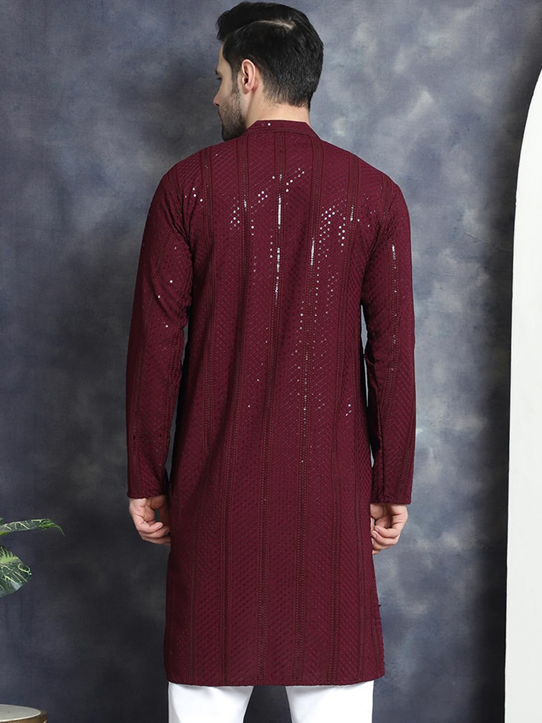 Jompers Men's Sequins Chikankari Embroidered Kurtas (Purple, Xxl)