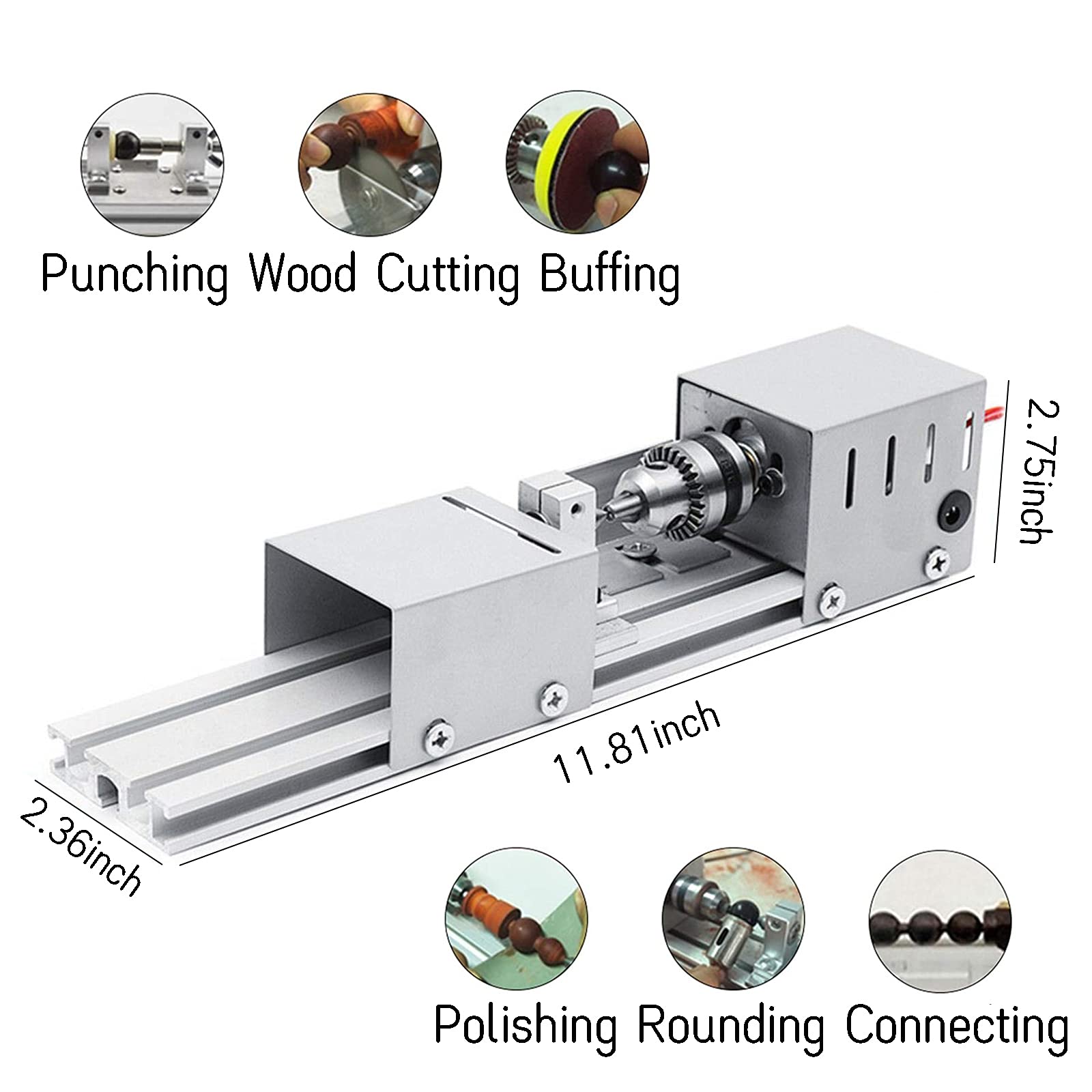 Mini Torno para Madera, Juego de Herramientas for Torno de carpintería de 96 W, Pulido, fresado y rectificado, 12 V-24 V CC