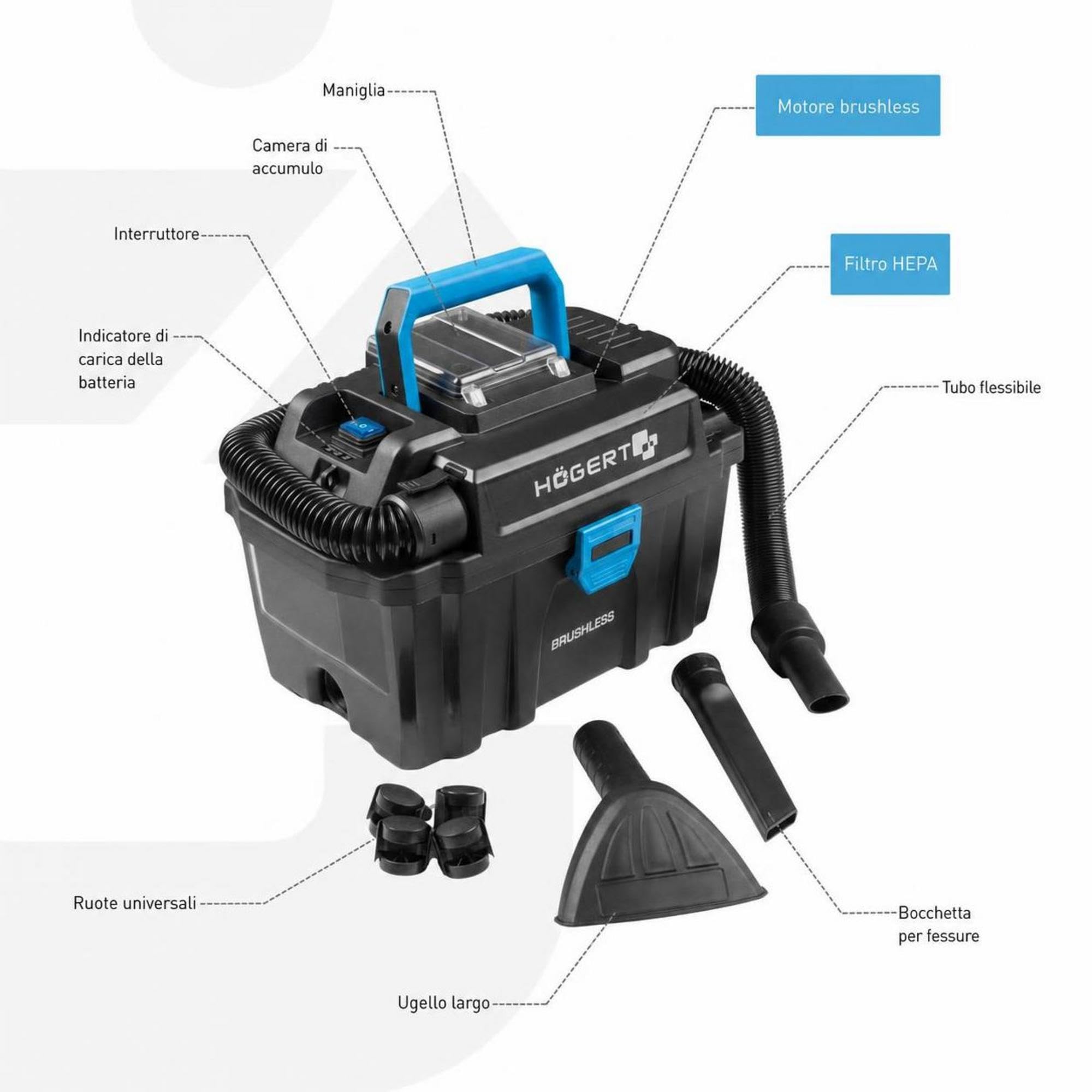 Högert Technik Aspiratore secco umido a batteria 18V, aspiratore industriale compatto 10L con filtro HEPA, funzione soffio, aspiratore portatile senza batteria