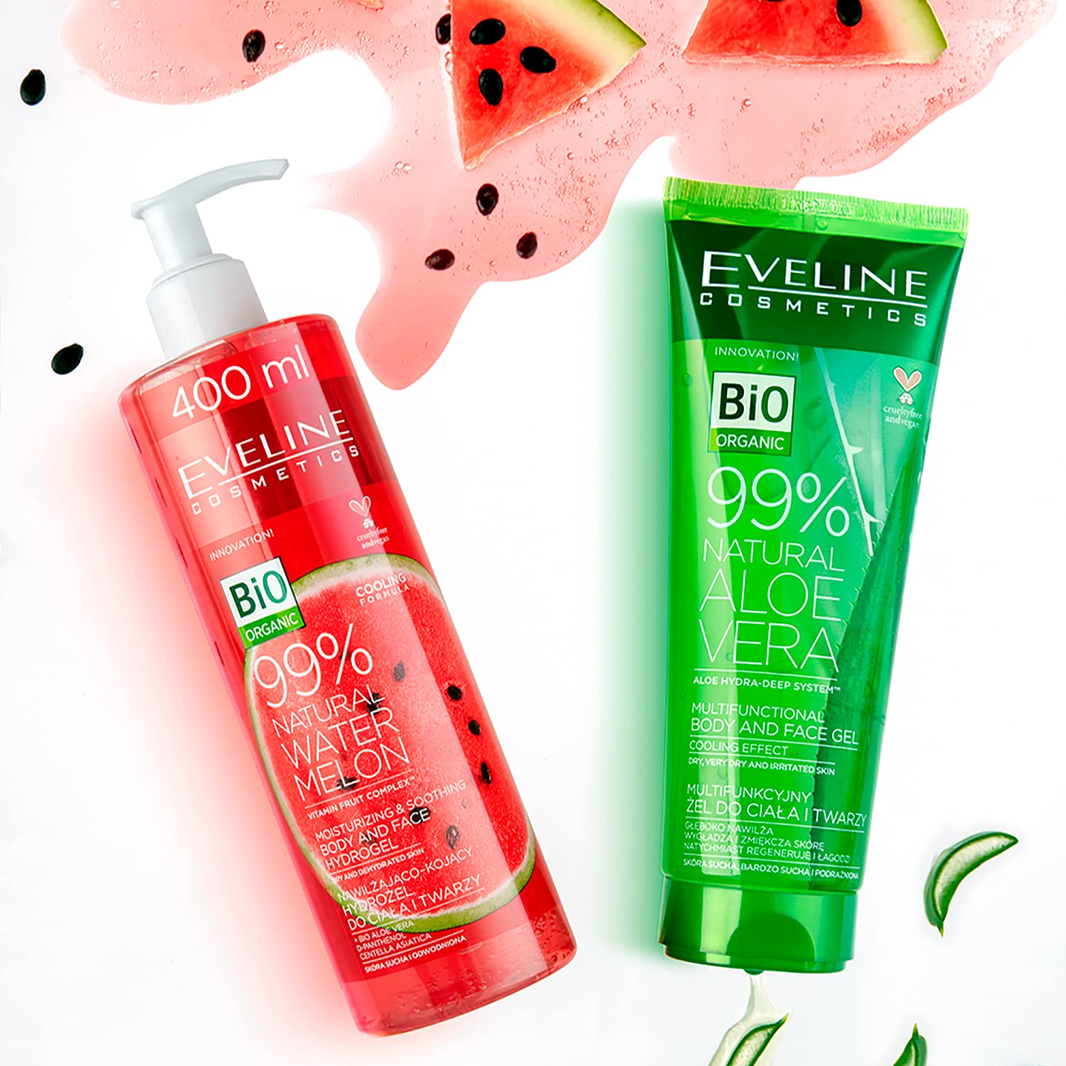 EVELINE COSMETICS 99% Natural Watermelon Hydrating and Soothing Hydrogel for Body and Face with Vitamin Fruit Complex, 400 ml