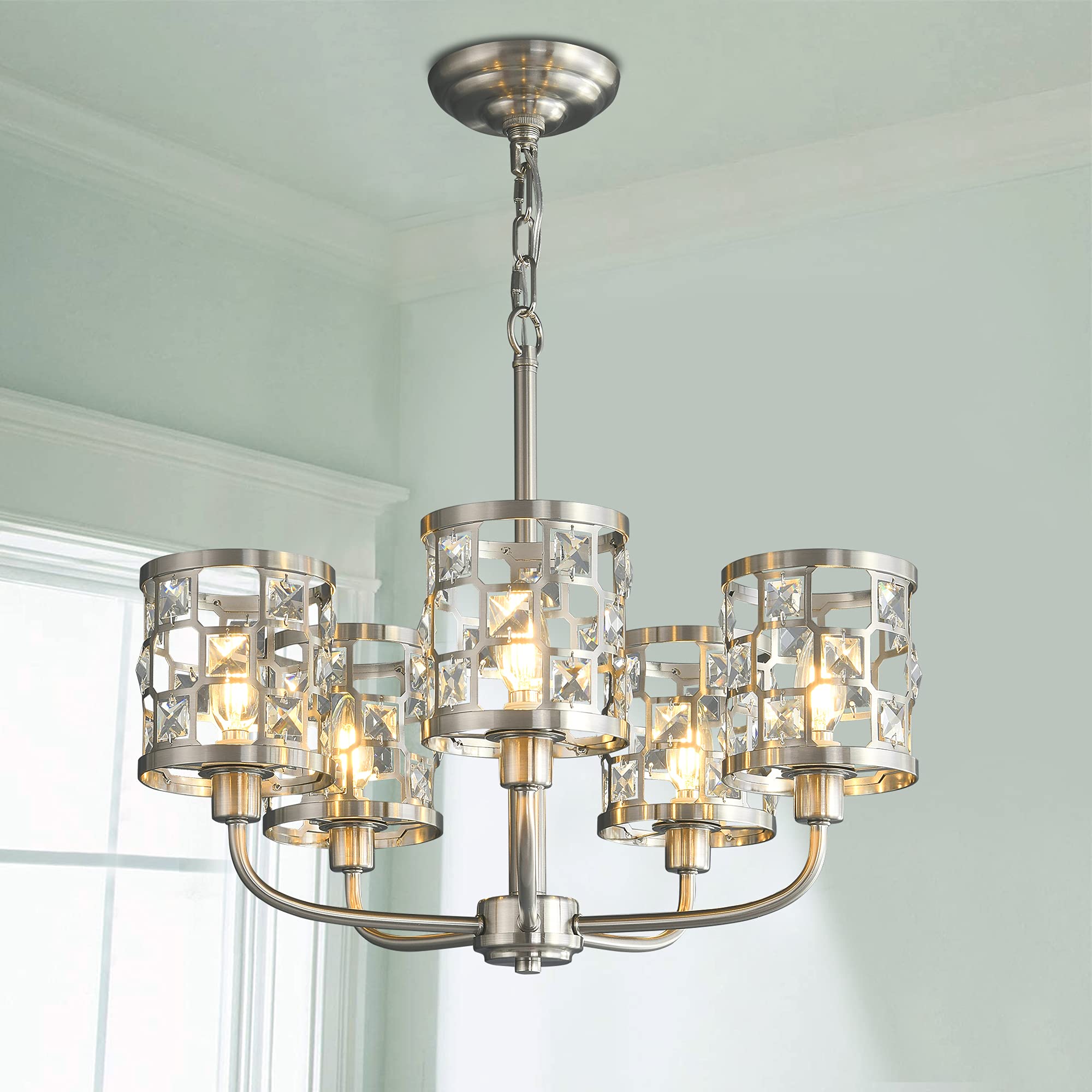 Ireliare Modern Farmhouse Chandelier Light Fixture, 5-Light Brushed Nnickel Chandelier with Cylinder Crystal Shade, Industrial Light Fixture for Kitchen Island, Dining Room, Foyer