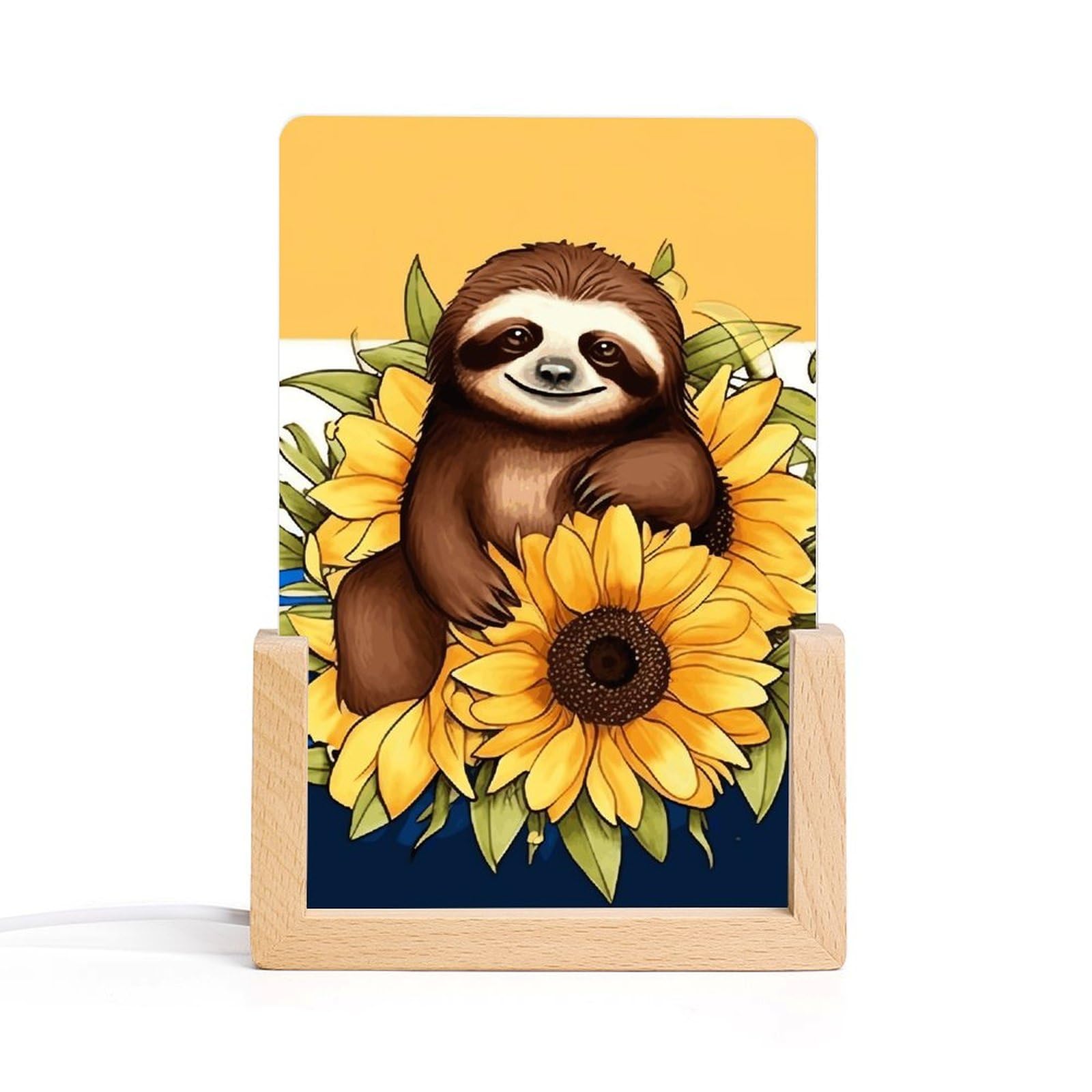 JTREHY Acrylic Night Light,Cartoon Sloth Sitting on Sunflower Printed Wooden Base LED Night Light Modern Home Decoration Light with USB Switch Cable for Bar Cafe Bedroom Room Decoration