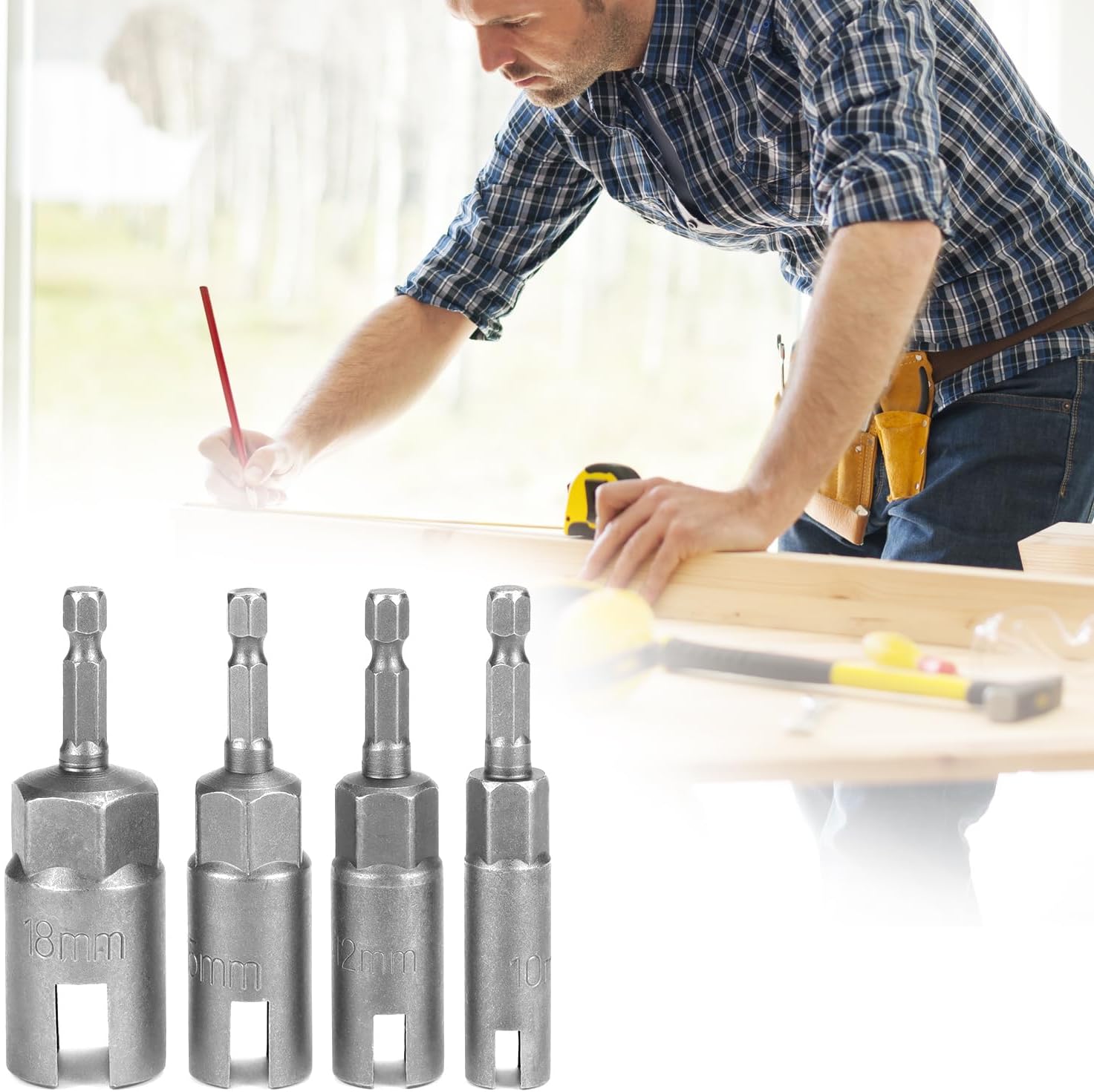 QWORK 4 Pack Hex Shank Nut Driver Set for Wing Nuts, Includes 10 mm, 12mm, 15mm, 18mm Sizes,