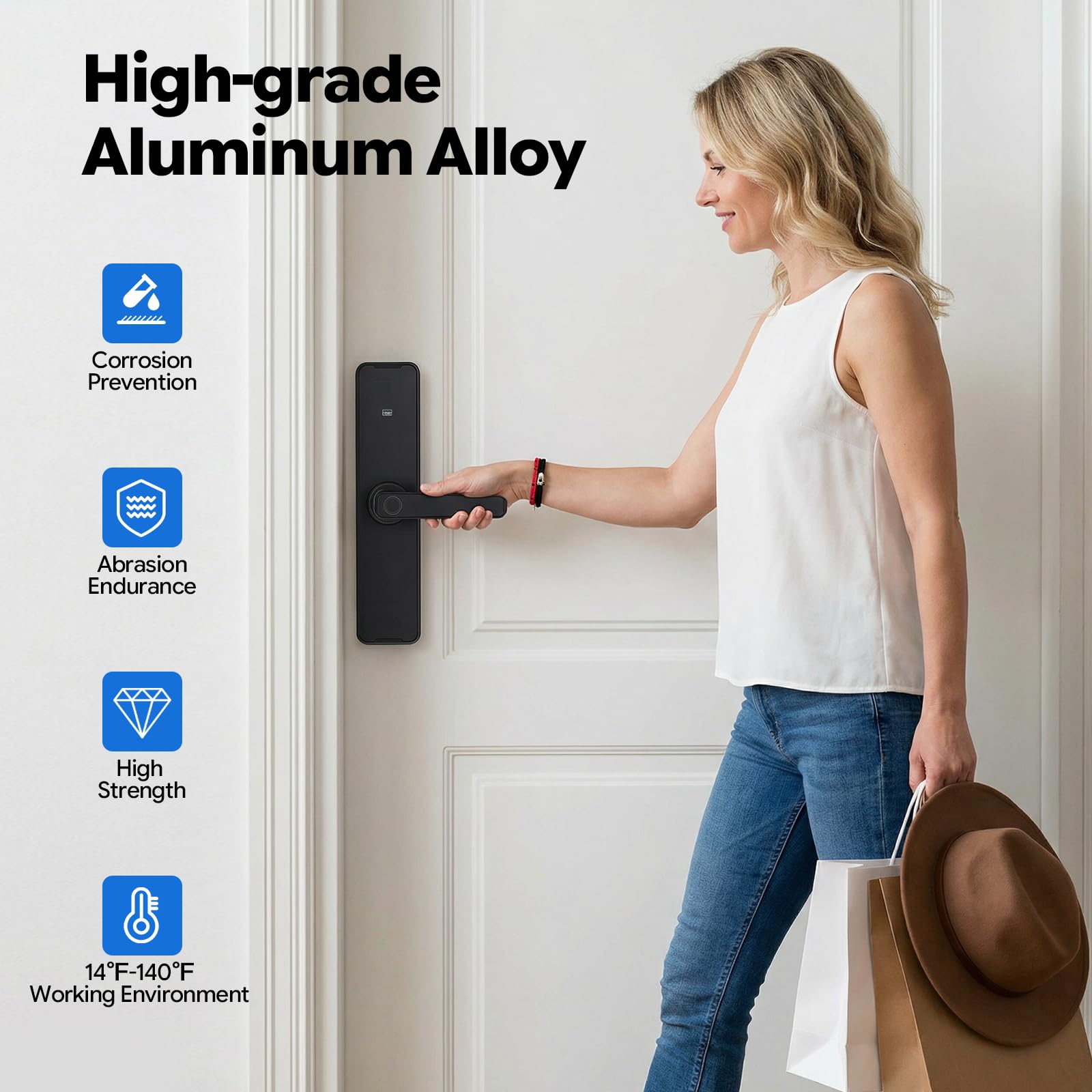 Smart Türschloss Fingerprint WiFi TUYA Aluminium 5-in-1 Zugang | Für Türen 30–50mm, 50 Fingerprints, 100 Codes, App Steuerung, Hotel Wohnung Büro Sicherheitssystem
