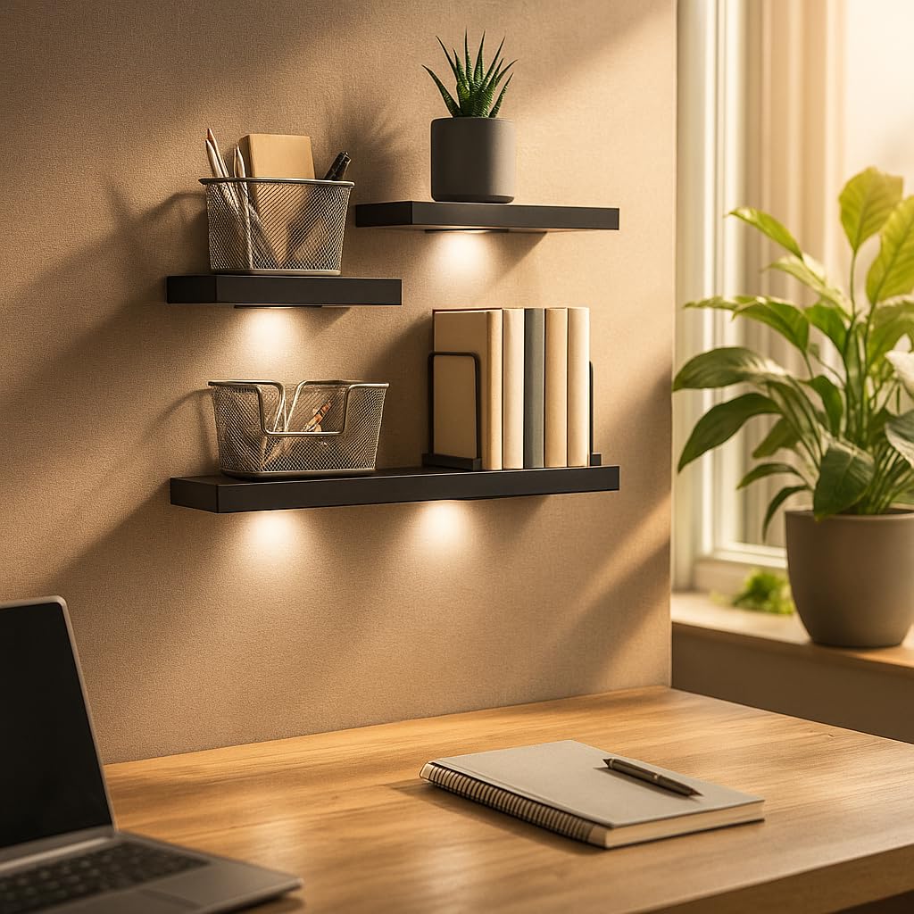 Amazon｜SkyMall 万能木製フローティング壁棚 LEDライト付き