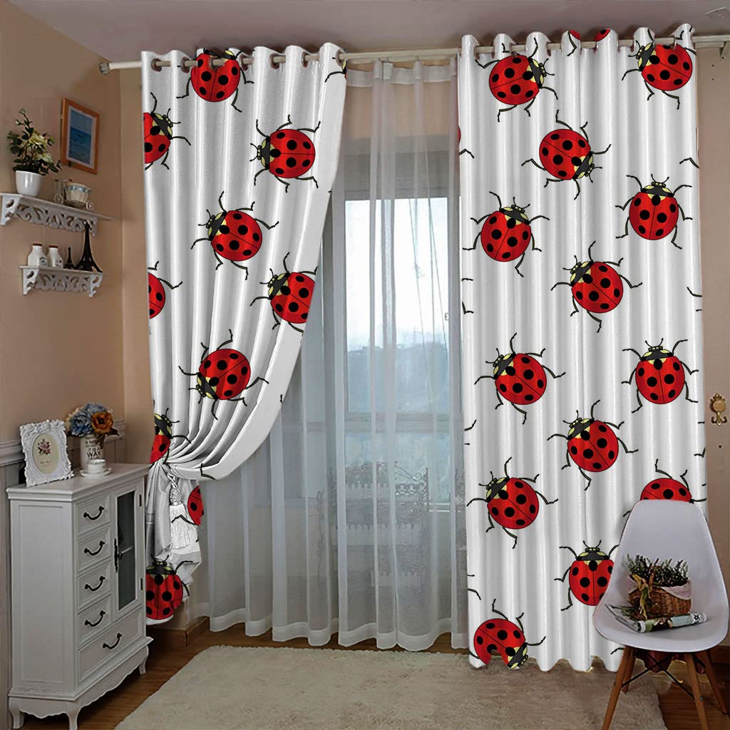 3D Cortinas Opacas Térmicas Aislantes con Ojales Frío y Calor Moderna Decoración Ventanas para Dormotorio Infantil Habitacion Sala Salon 2 Piezas x 140 Ancho x 225 CM Alto Blanco & Mariquita