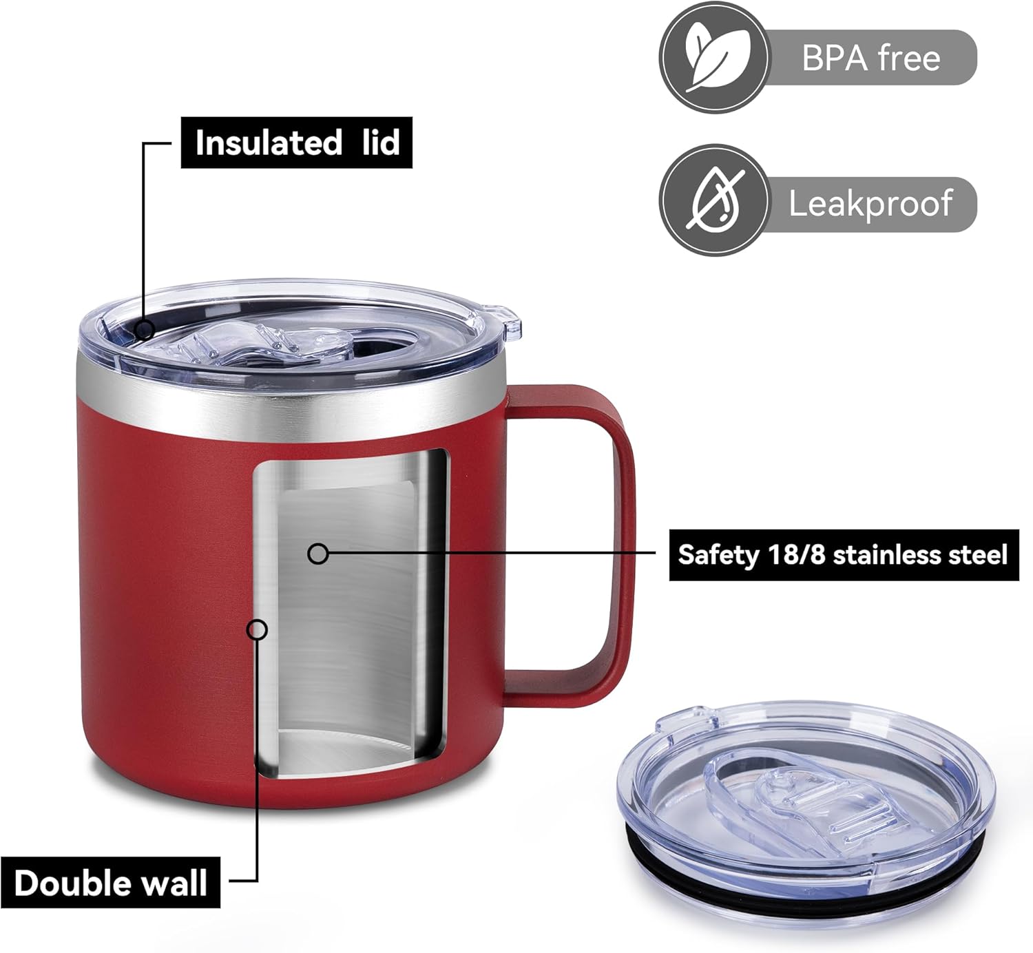 VEGOND 14 oz Insulated Coffee Mug with Handle, Stainless Steel Travel Coffee Mug with Lid, Double Wall Vacuum Metal Coffee Cup, Coffee Tumbler Powder Coated, Red 1 Pack - Image 4
