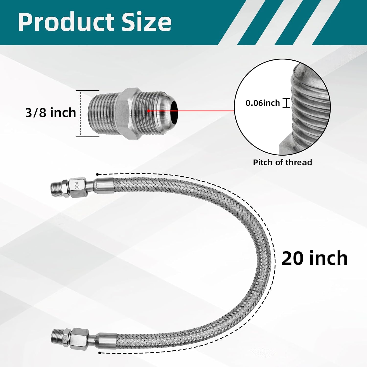 Compressor Jumper Hose, 3/8" NPT Male Tube, 20" Length, 450 PSI, 750°F, Freely Rotating Stainless Steel Metal Hose with Connectors on Both Ends