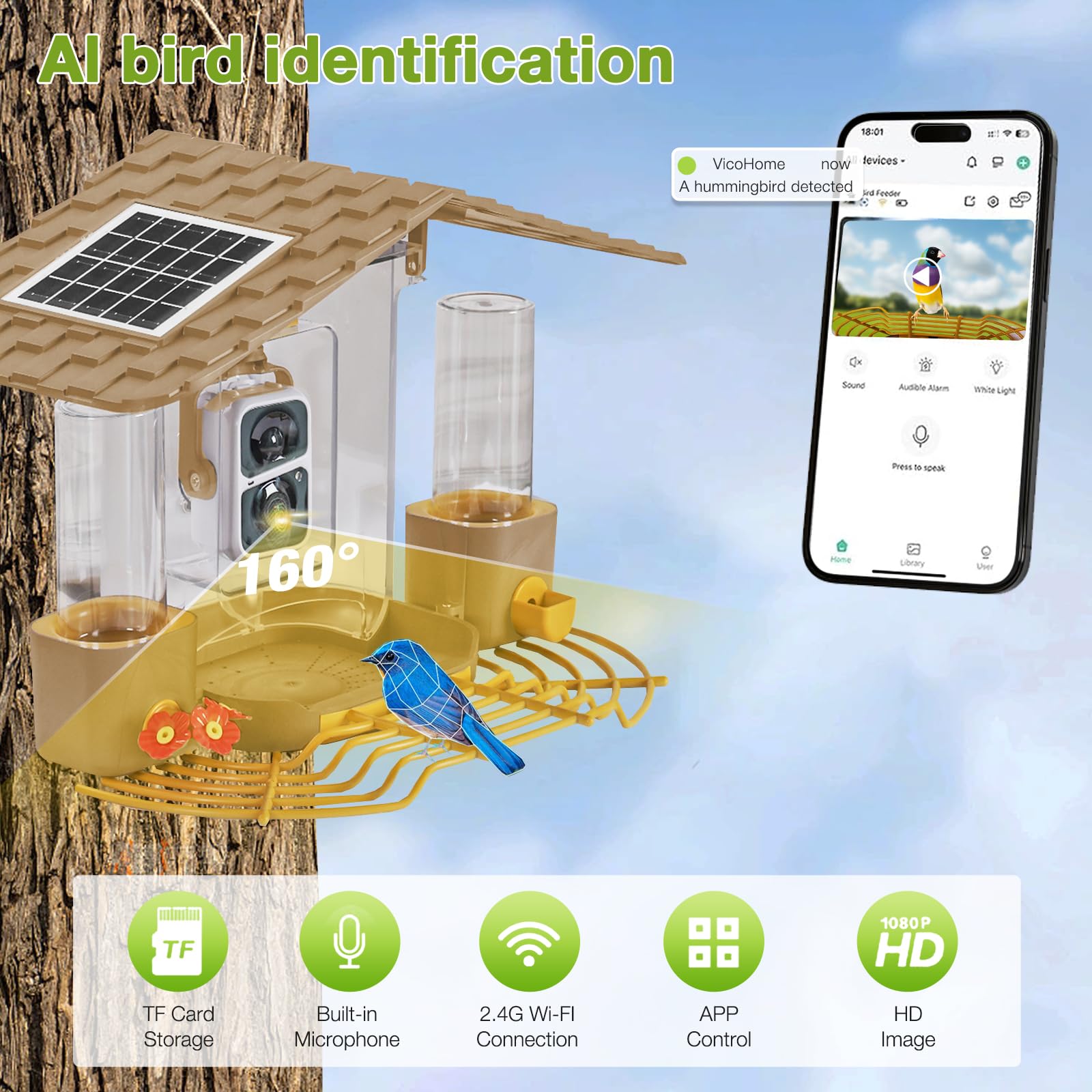 Intelligenter Vogelfutterspender mit Kamera, solarbetrieben, 1080P HD AI identifiziert Wildvögel, Kolibribeobachtung, Vogelhaus draußen für automatische Aufnahme von Vogelvideos und