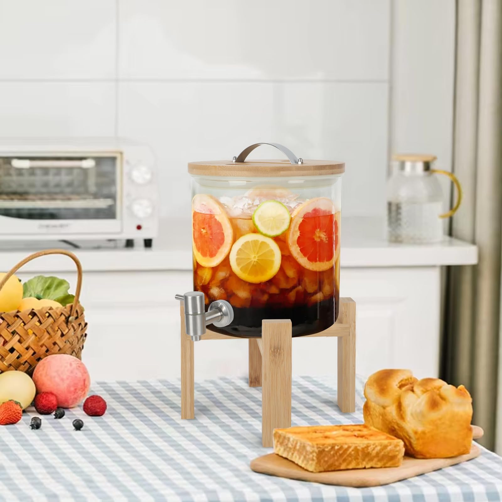 Dispenser per Bevande in Vetro da 5L,con Rubinetto a Tenuta Stagna,Bocca Larga,Coperchio e Supporto in Legno,Decanter per Whisky,Dispenser Bevande per Festa,Acqua,Cocktail,Jus,e Bevande Liquori