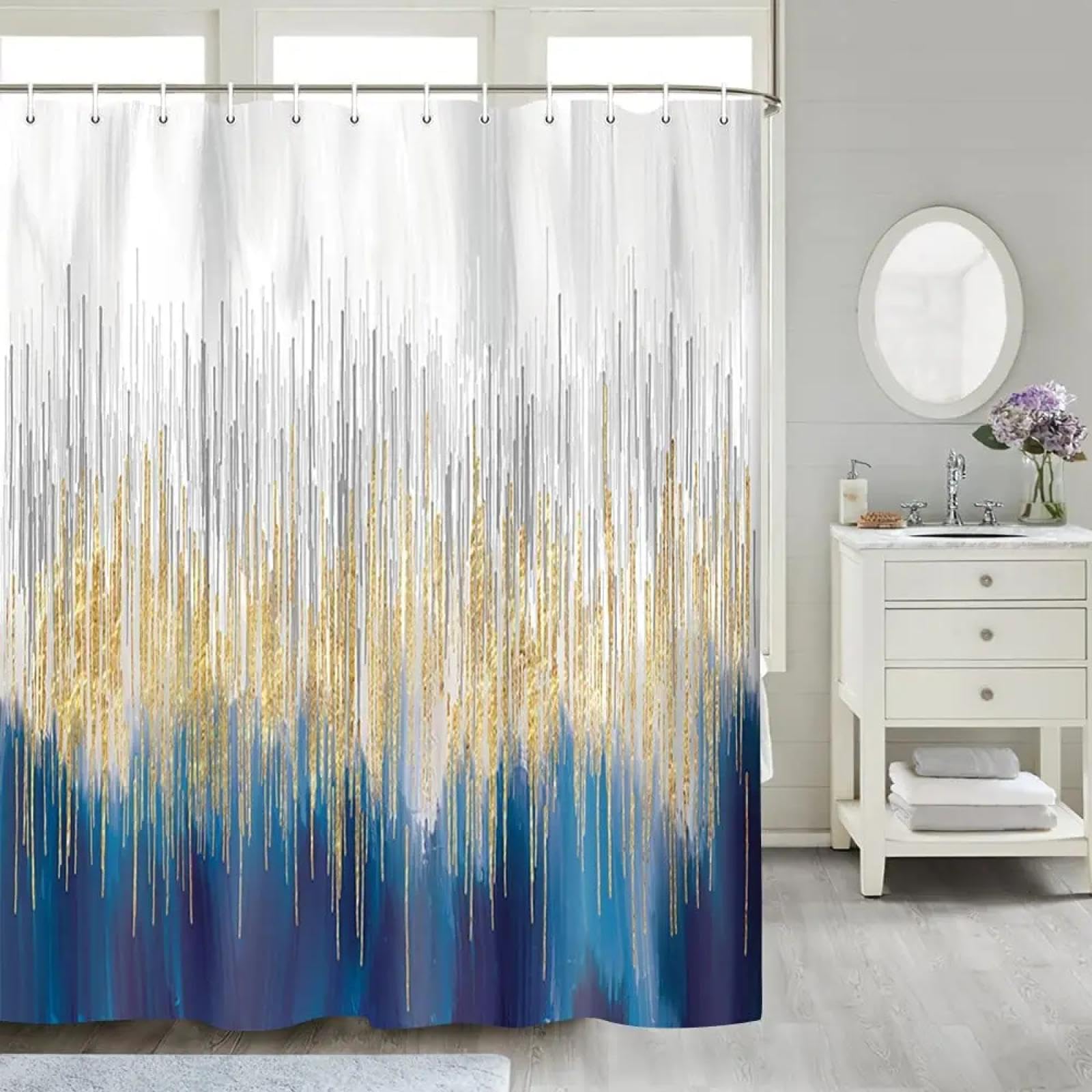 Rideau de douche moderne en tissu haut de gamme bleu marine et or 160x230 cm style abstrait chic