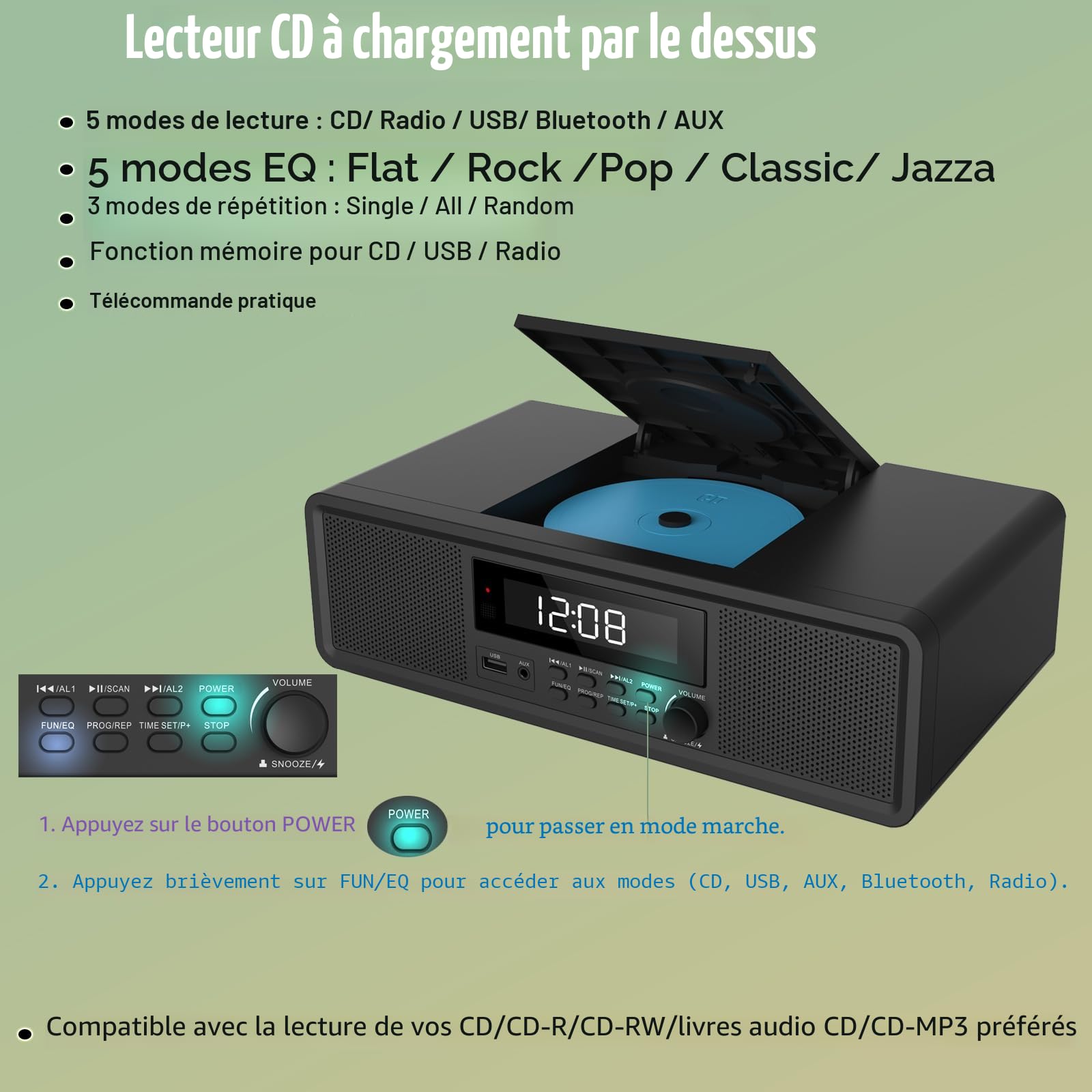 Système stéréo Home CD avec Lecteur CD, Radio FM, Bluetooth, entrée auxiliaire, Port USB, Montre numérique, Radio-réveil Lecteur CD, Micro Chaine Stereo (Noir)