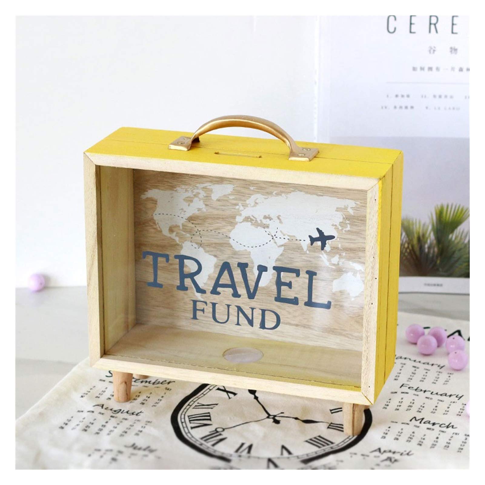 Creative Money Savings Bank Currency Natural Wood Coin Desk Decoration Kids' Banks(Yellow)