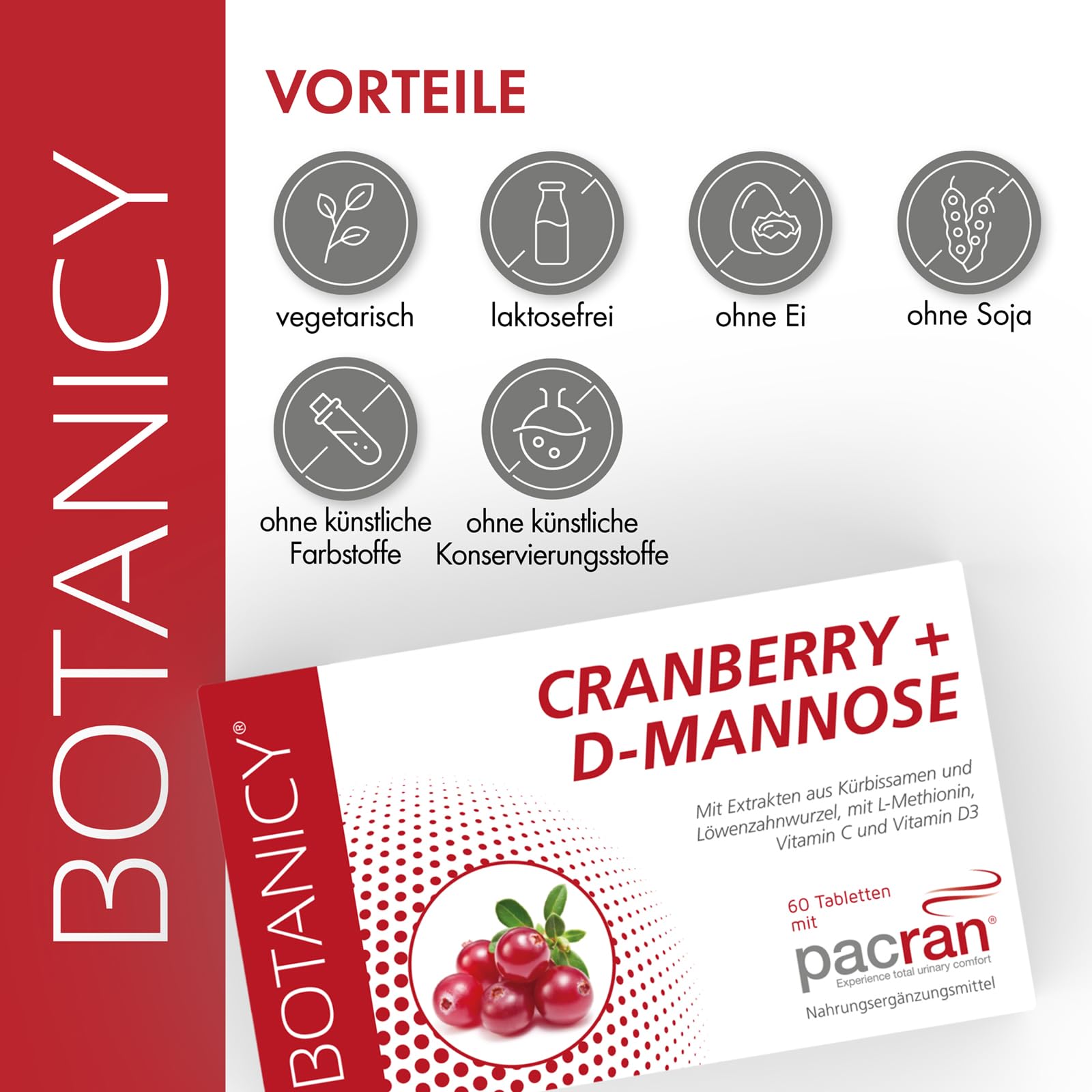 BOTANICY Cranberry + D-Mannose - 180 Tabletten - Unterstützt Blase & Harnwege - PACRAN® Cranberry-Pulver, Vitamin C und D3, Kürbissamen & Löwenzahnwurzel Extrakt