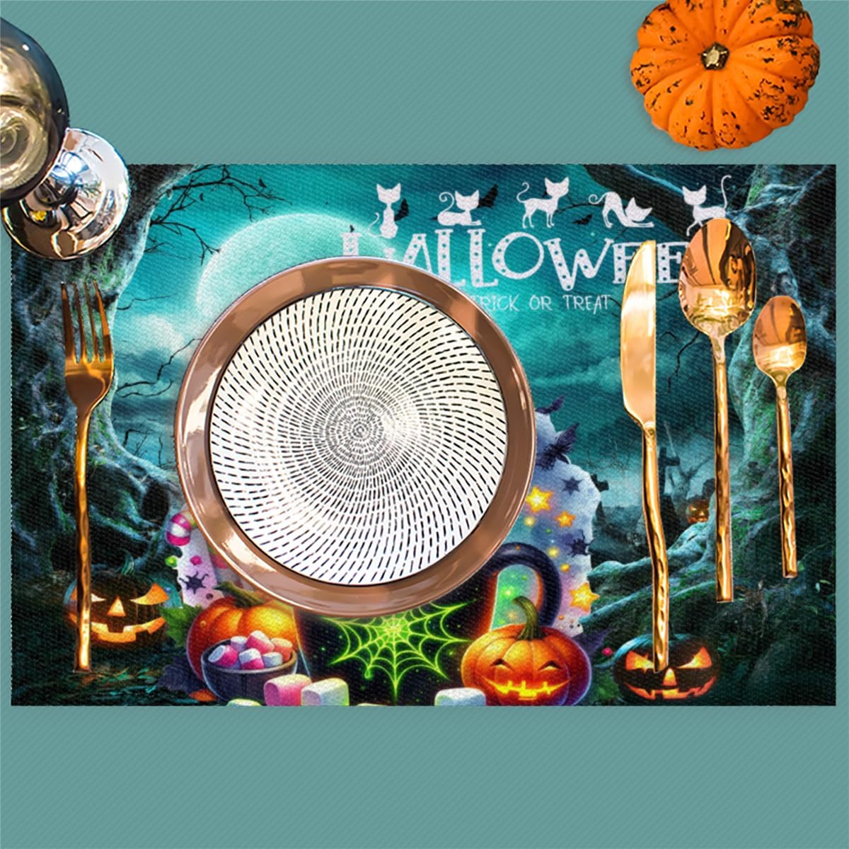 Halloween Pumpkin Candy Gnome Placemats Set of 4 PVC Vinyl Non Slip Table Mats Heat Resistant Place Mats Washable Wipeable Dining Table Mat for Kitchen Decor Party Indoor Outdoor Decorative Gift