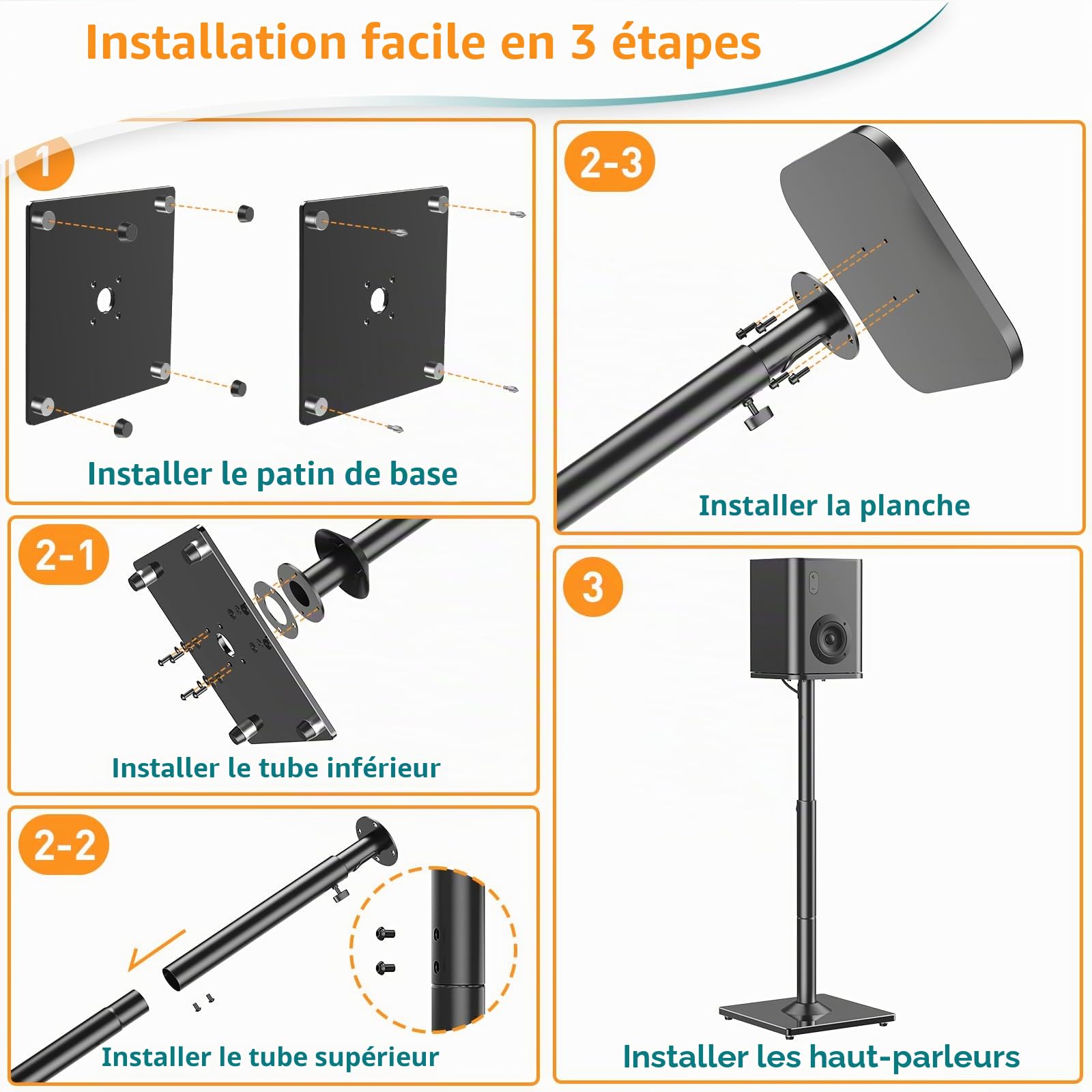ELIVED 1 paire de supports universels pour haut-parleurs d'étagère - Hauteur réglable jusqu'à 95 cm - Avec socle en verre et canal de câbles interne - Capacité de charge de 10 kg - Noir