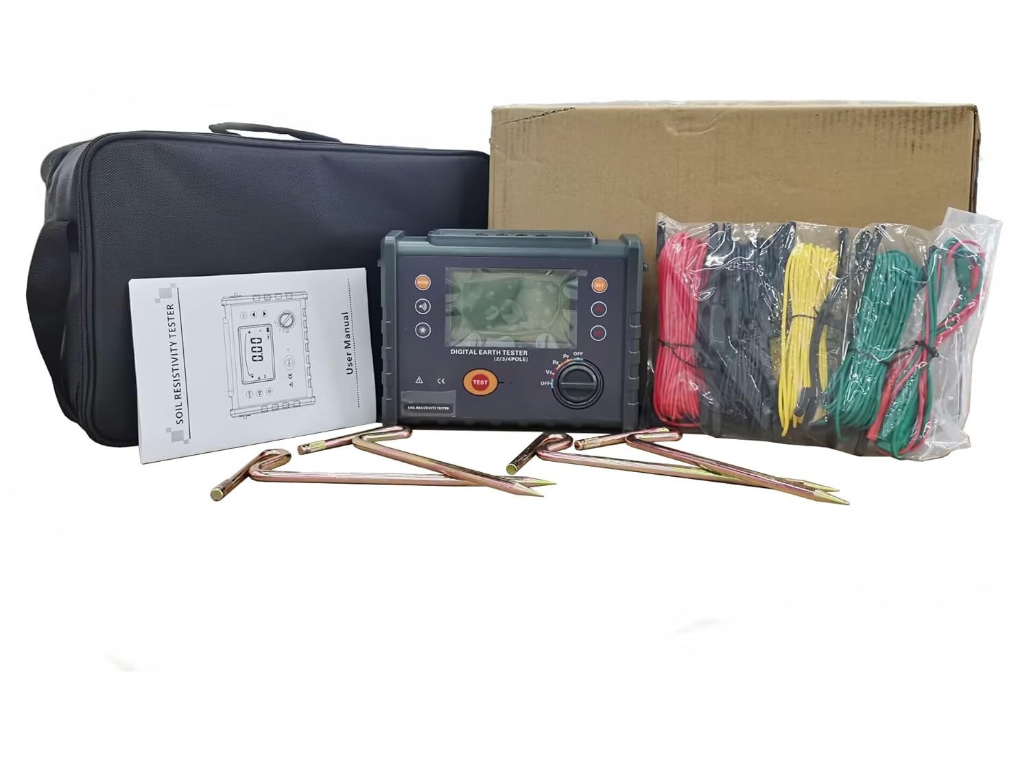 Digital Ground Resistance Meter Soil Resistivity Tester Earth Resistance Meter with Frequency128Hz Soil Resistivity 0.00Ωm-9000kΩm Earth Voltage 0V-600V Earth Resistance 0.01Ω-30.00KΩ