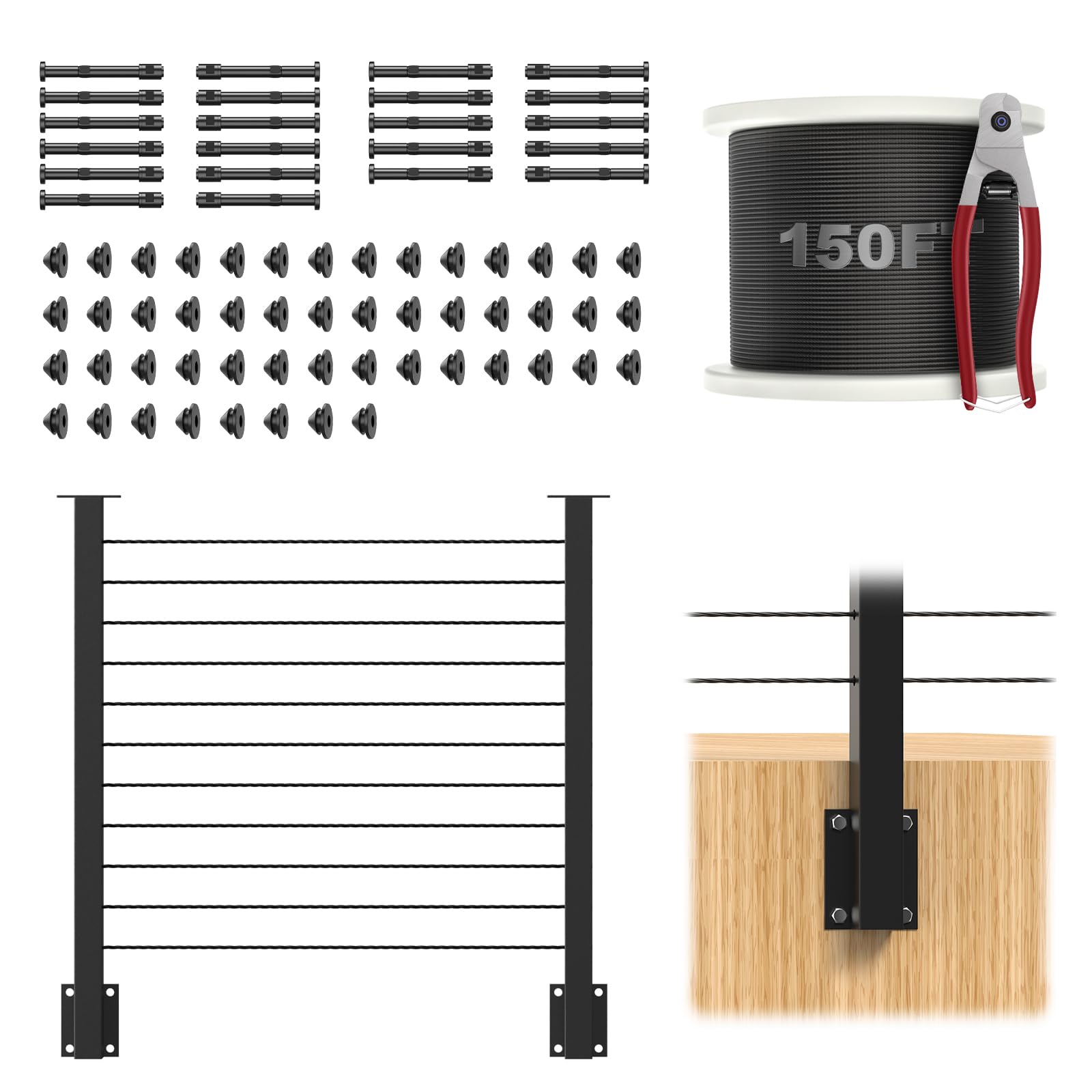 36" side mount cable railing post kits include 2pack flat top level drilled cable posts, 150ft wire rope, black fascia mount cable railing system, 1/8" stainless steel wire railing kits, rg7