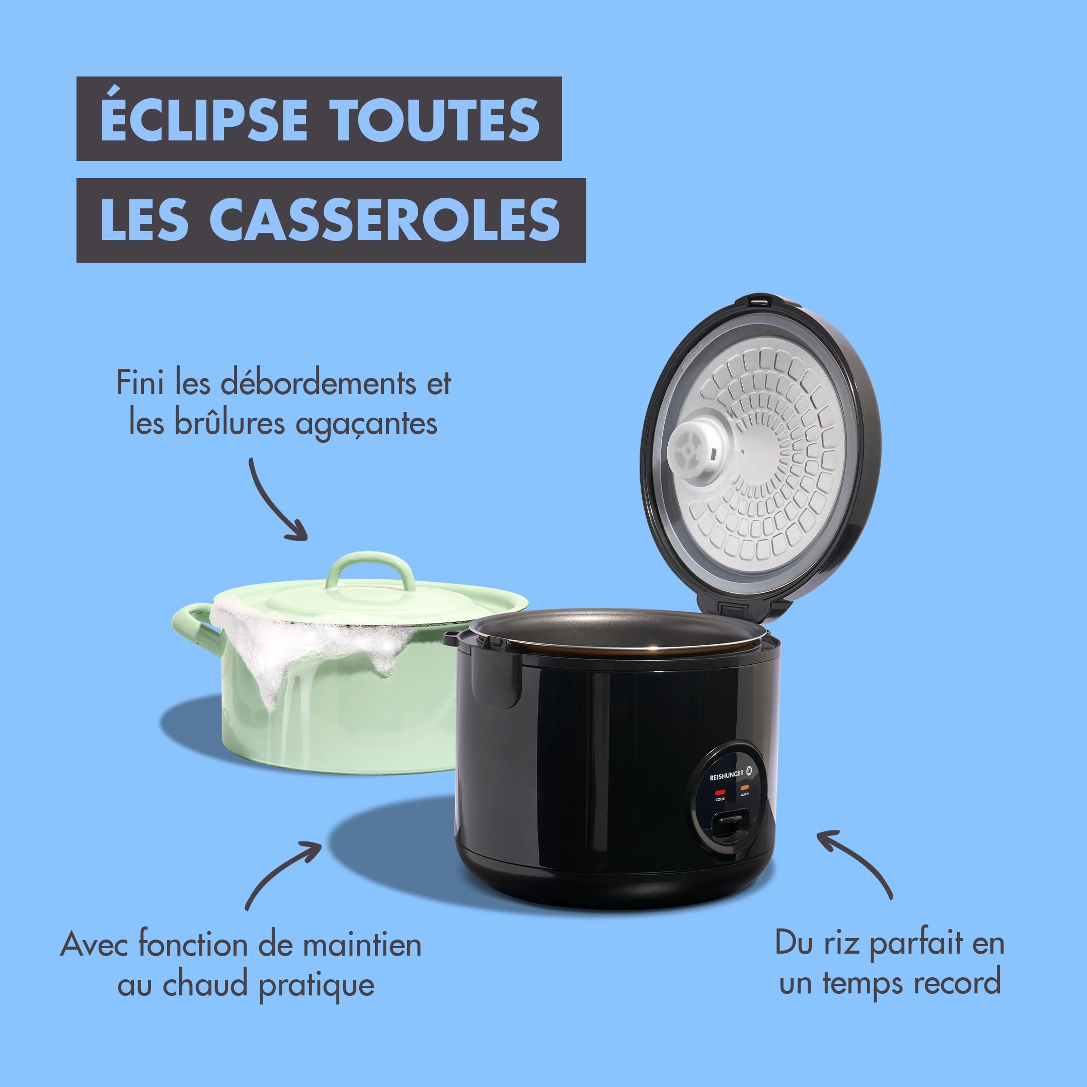 REISHUNGER Cuiseur riz (rice cooker) & cuiseur à vapeur Noir avec fonction de maintien au chaud - 1.2 l pour 1-6 personnes - Revêtement céramique avec insert pour cuiseur à vapeur
