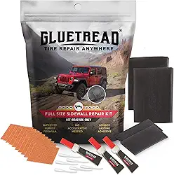 GlueTread Kit de reparo de pneus de parede lateral 4x4 em tamanho real | Kit de reparo de perfuração de pneu lateral para veículos off-road | Fórmula de borracha melhorada, sem necessidade de