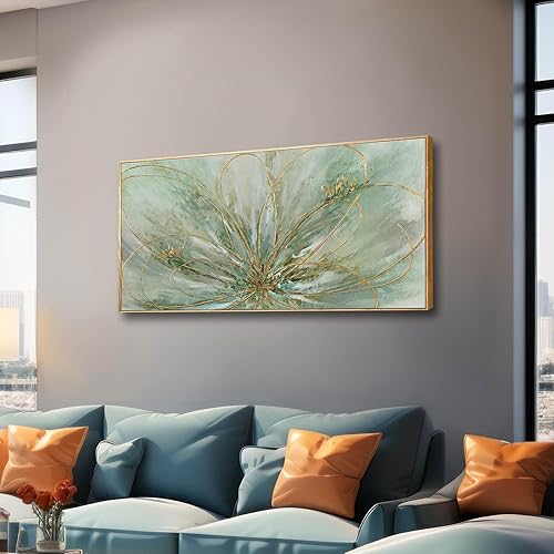 YJYart Obra de arte abstracta en lienzo verde con flores, decoración de pared para oficina, pintura de línea 24"x 48", cuadros para dormitorio, sala