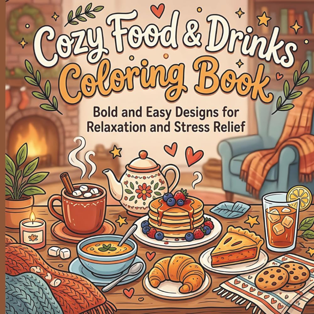 Cozy Food & Drinks Coloring Book: Bold and Easy Coloring Pages for Teens and Adults Featuring Cozy Cafés, Sweet Treats, Coffee, Tea & Comfort Food