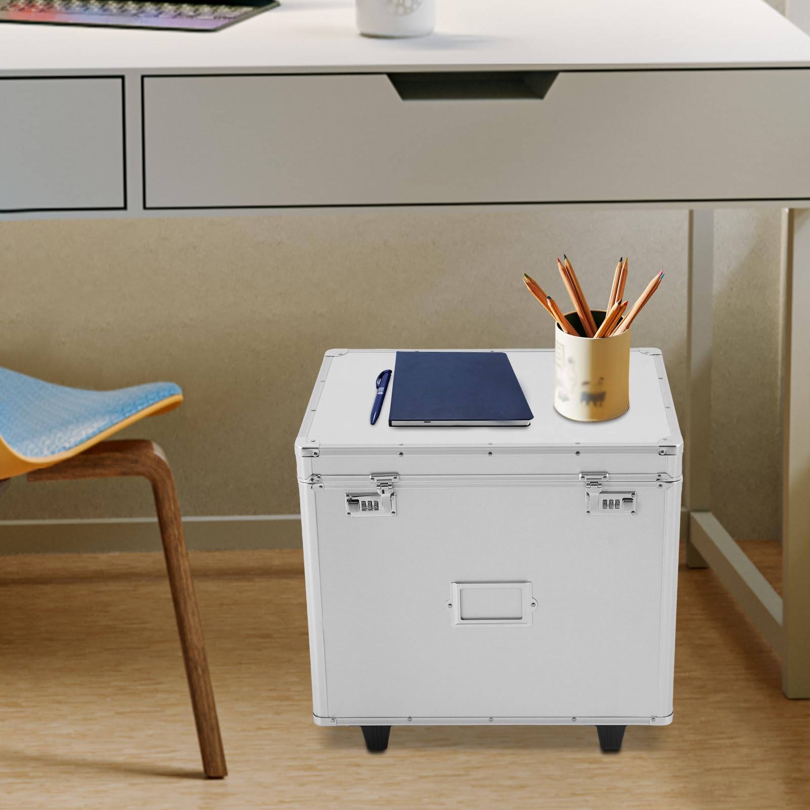 MhdunueSK Locking Mobile Business Case, Aluminum Alloy File Lock Box, Hand pull File Case, Portable File Box with Handle 19.2 * 15 * 16inch (White)