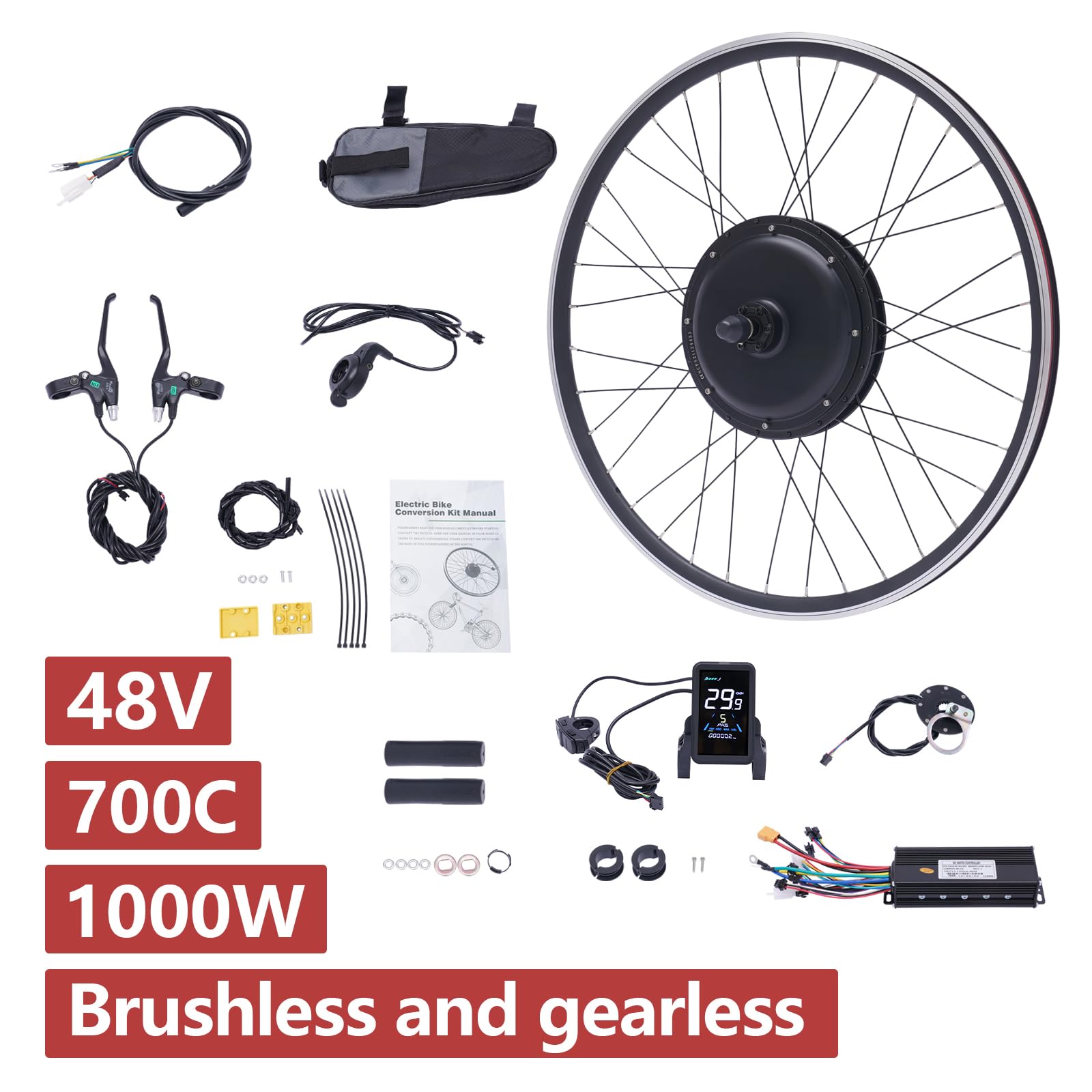 Kit di conversione per bicicletta elettrica da 48 V, 1000 W, con motore posteriore, con display/controller/PAS, kit di conversione per bicicletta elettrica, motore a mozzo brushless per biciclette da