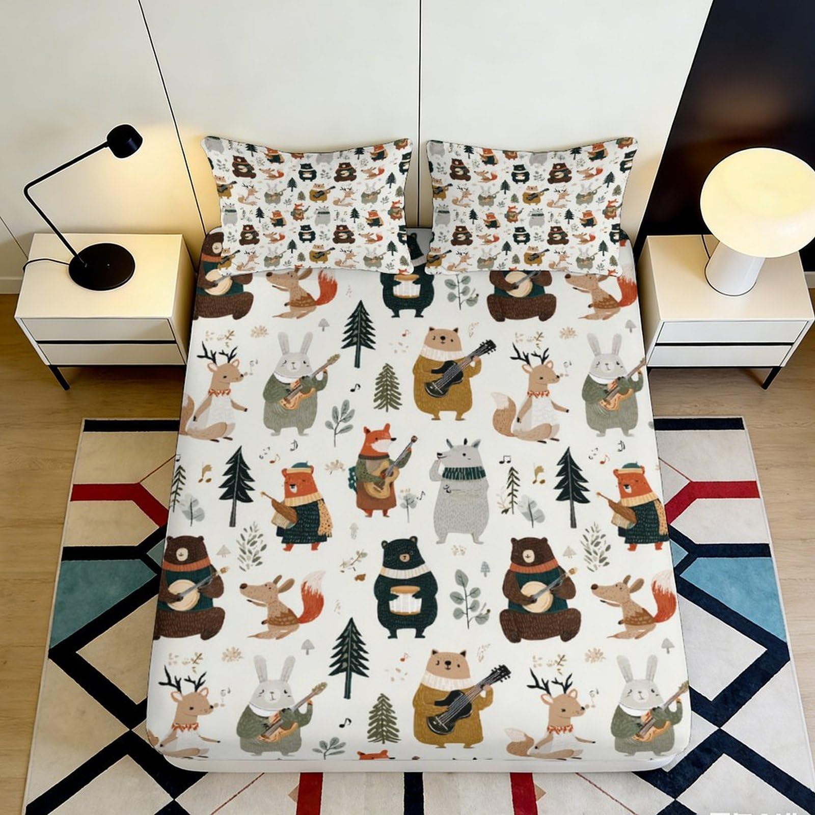 3D Printed Forest Animal Fitted Sheet Microfiber Soft Breathable Woodland Bear Fox Bed Cover for Bedroom Dorm Decor 90x200x25cm