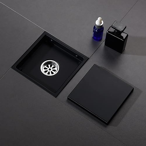 Miniatura 5 de DEOKXZ Drenaje cuadrado negro de 6 pulgadas para piso de ducha, con cubierta de rejilla extraíble, forma oculta, acero inoxidable SUS304