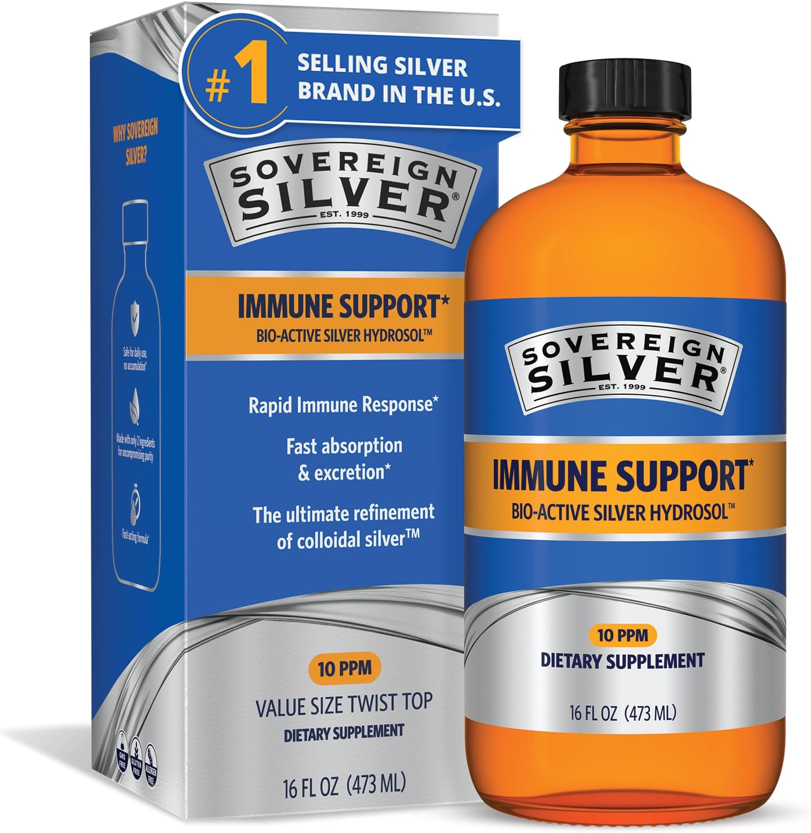 Sovereign Silver Immune Support, Colloidal Silver, 16 fl oz (473 mL) | Bio-Active Silver Hydrosol, 10 ppm, Liquid, Twist Top