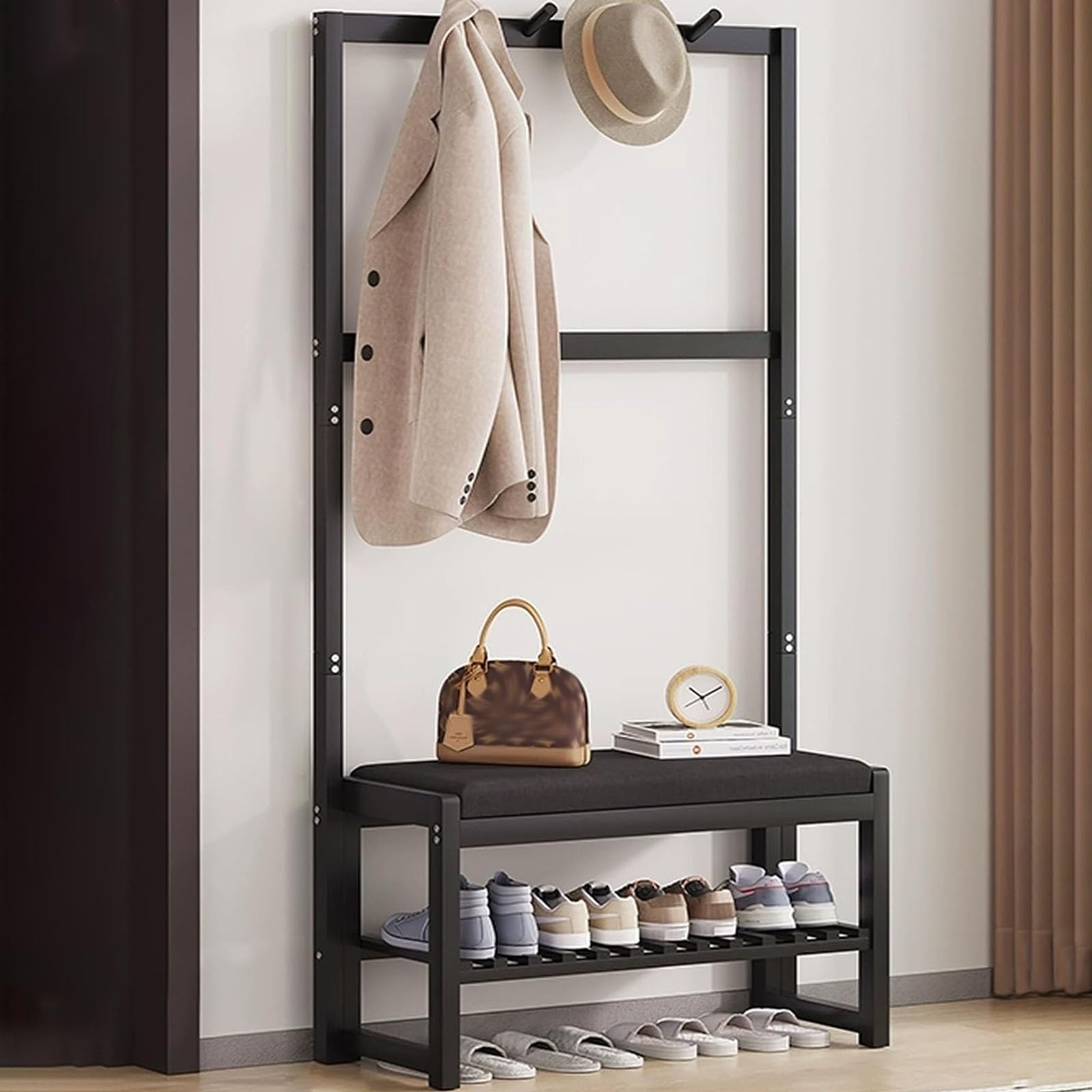 Banc à chaussures 3 en 1 en bois massif Slish, meuble d'entrée noir 70 cm avec patères intégrées