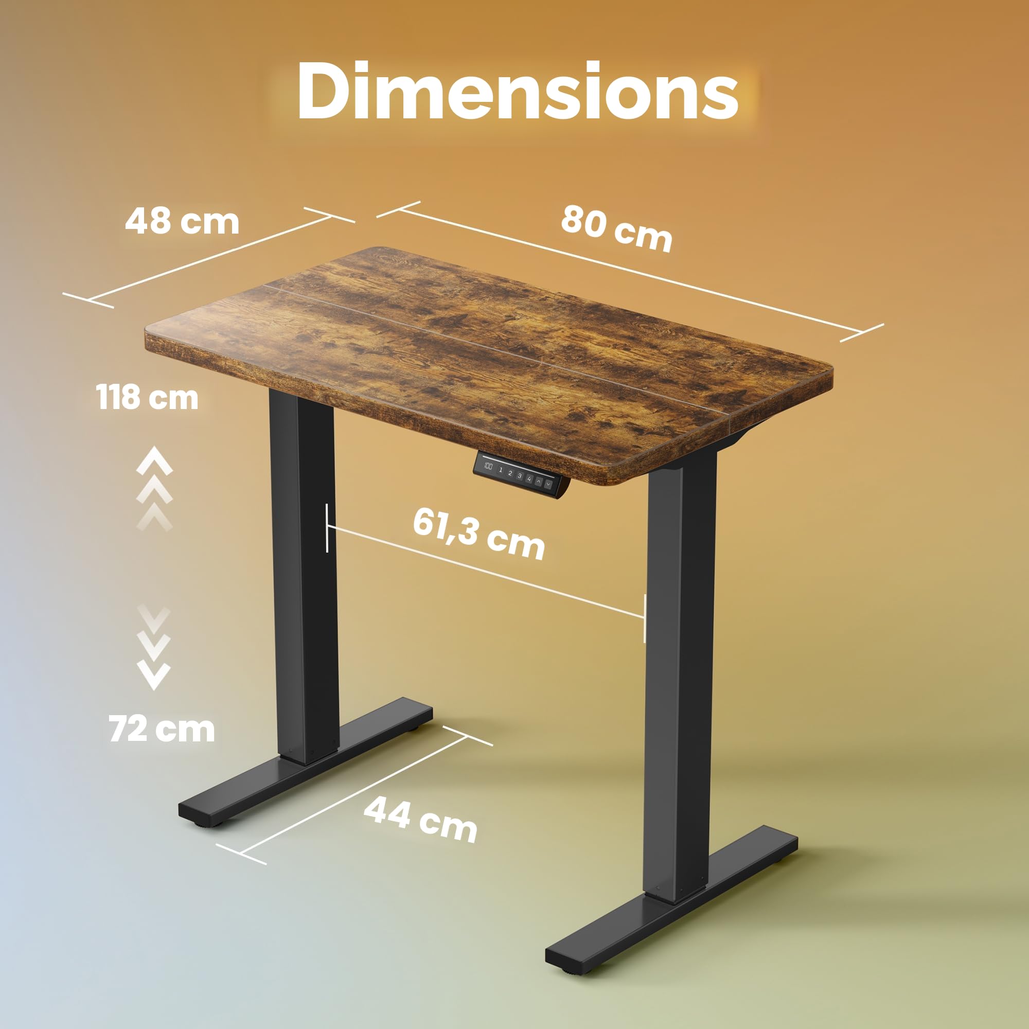 HUANUO 80 x 48cm Bureau Assis Debout Électrique, Réglable en Hauteur, 4 Positions Mémorisées, pour Travail à Domicile et Ordinateur, Marron Rustique